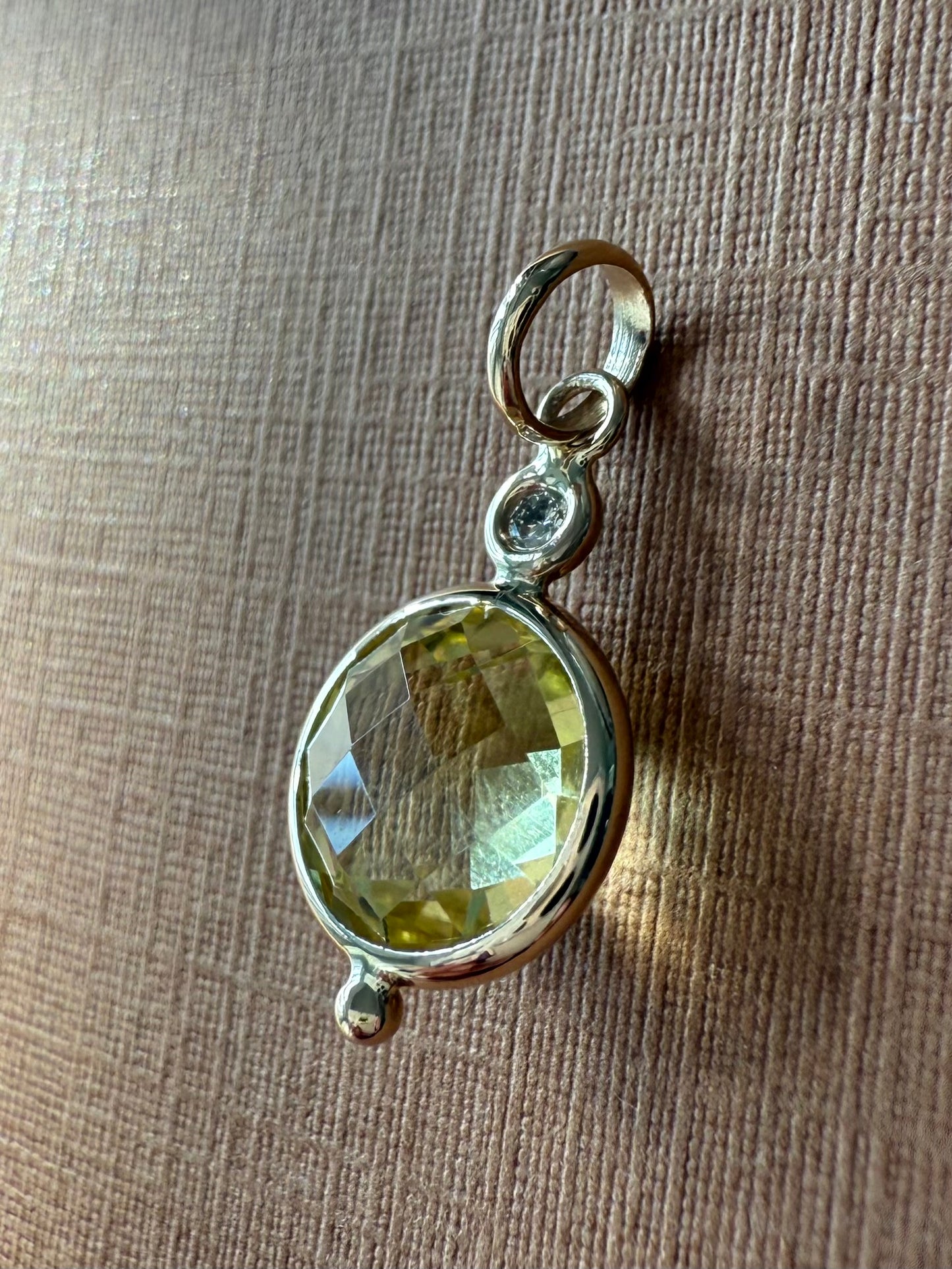 14K Solid Yellow Gold, Diamond, Lemon Quartz Mini Pendant