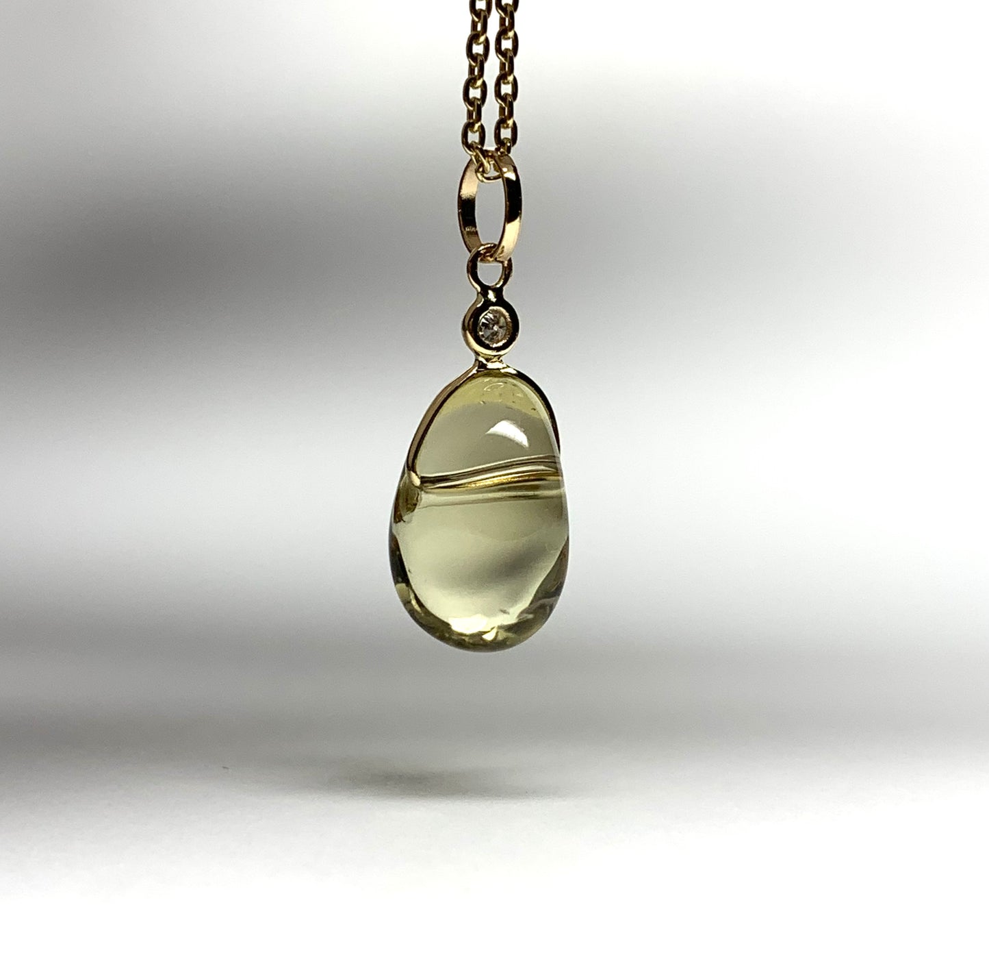 14k Solid Yellow Gold, Diamond, Lemon Quartz Tumbled Nugget Bead Pendant, Mini Size