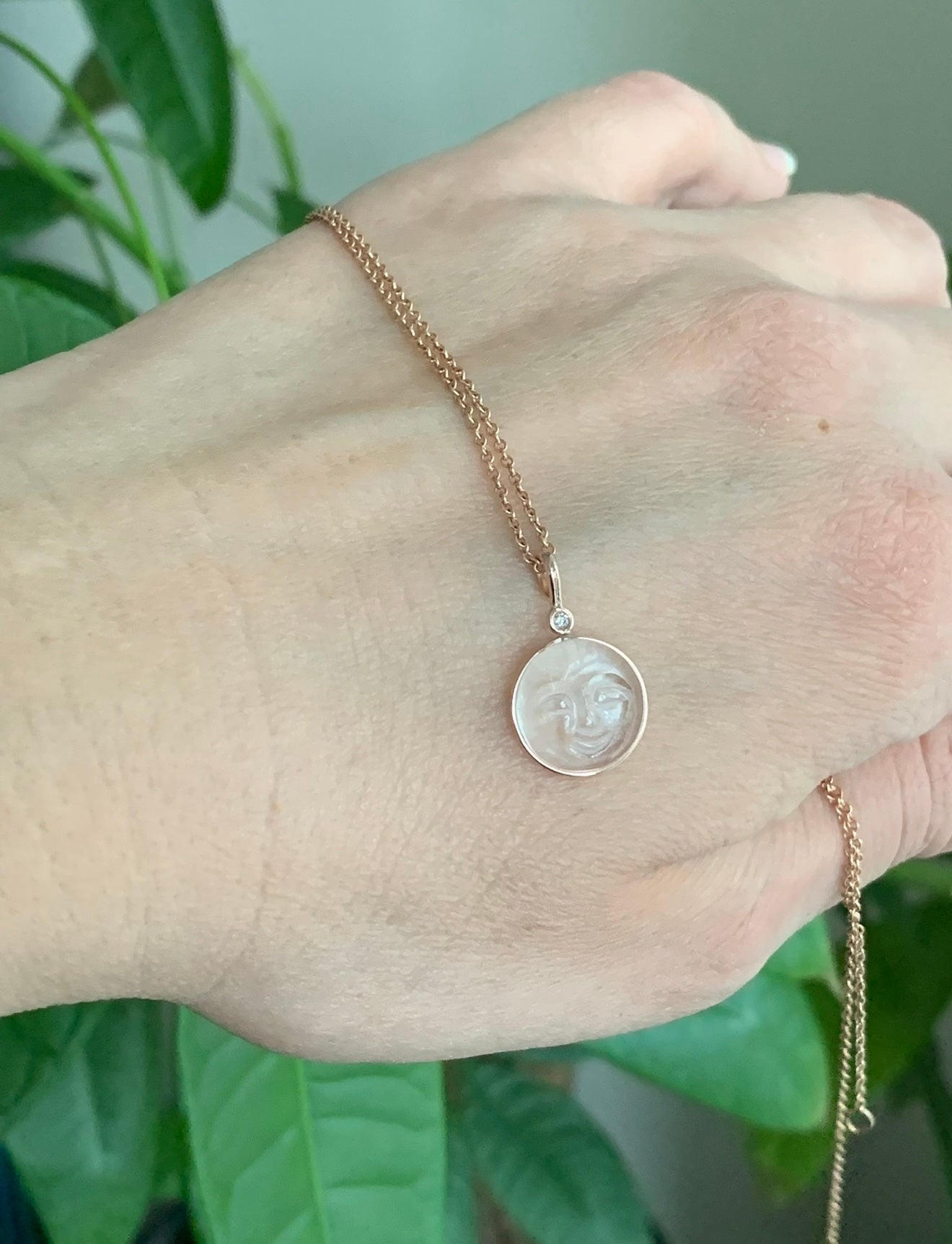 14k Solid Rose Gold, Clear Quartz, White Diamond “Moon and Star” Pendant, Carved Face, Small Size