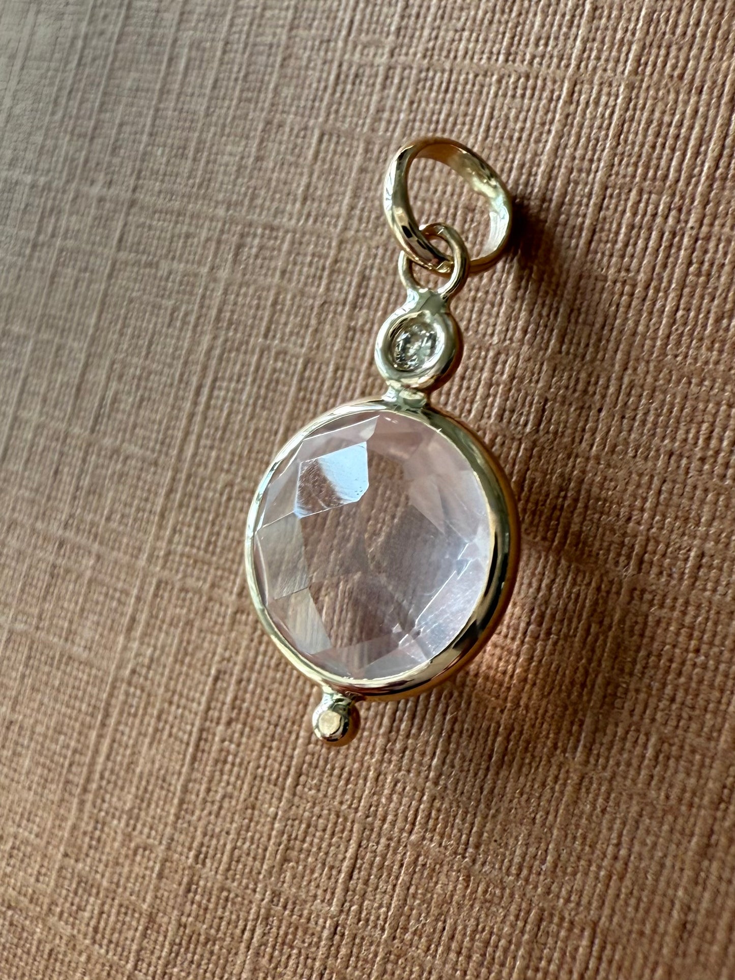 14K Solid Yellow Gold, Diamond, Rose Pink Quartz Mini Pendant