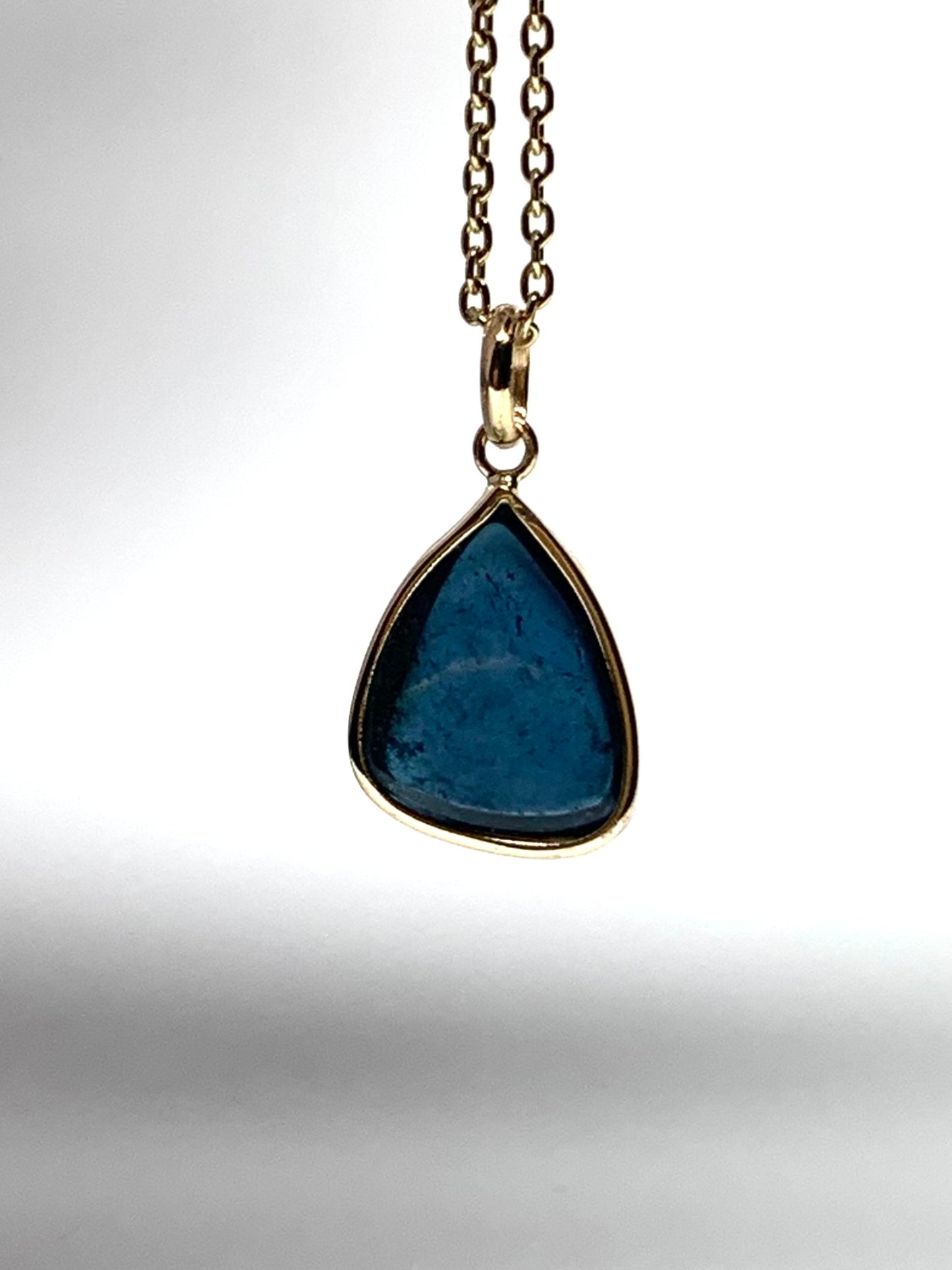 14k Solid Yellow Gold, Natural Blue Tourmaline Cabochon Pendant