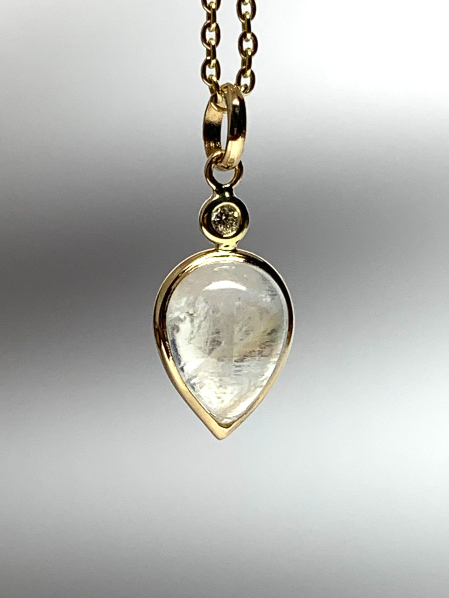 14k Solid Yellow Gold, Diamond, Pear Shaped Blue Rainbow Moonstone Mini Pendant