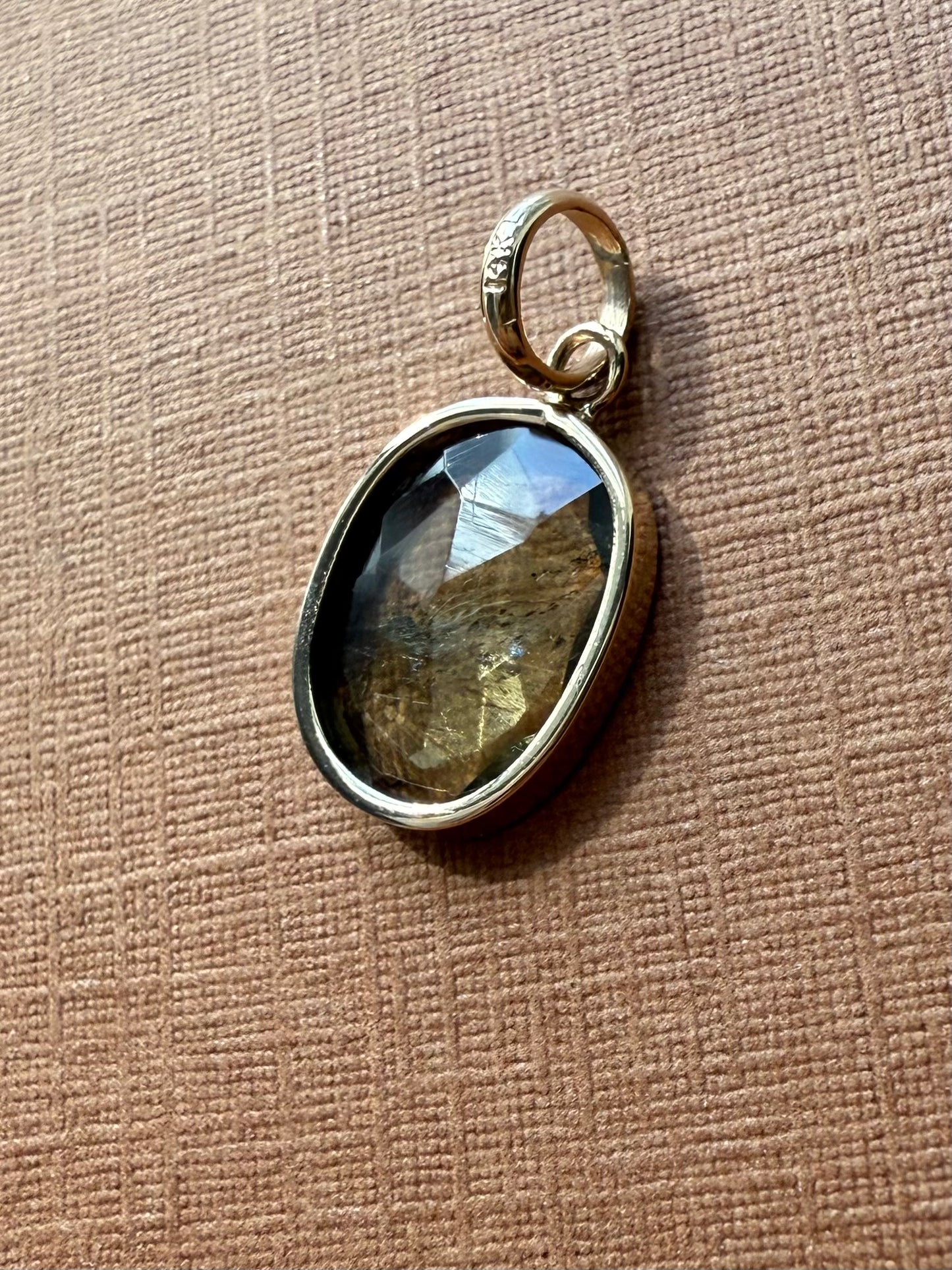 14k Solid Yellow Gold, Natural Light Khaki Green Tourmaline Mini Pendant