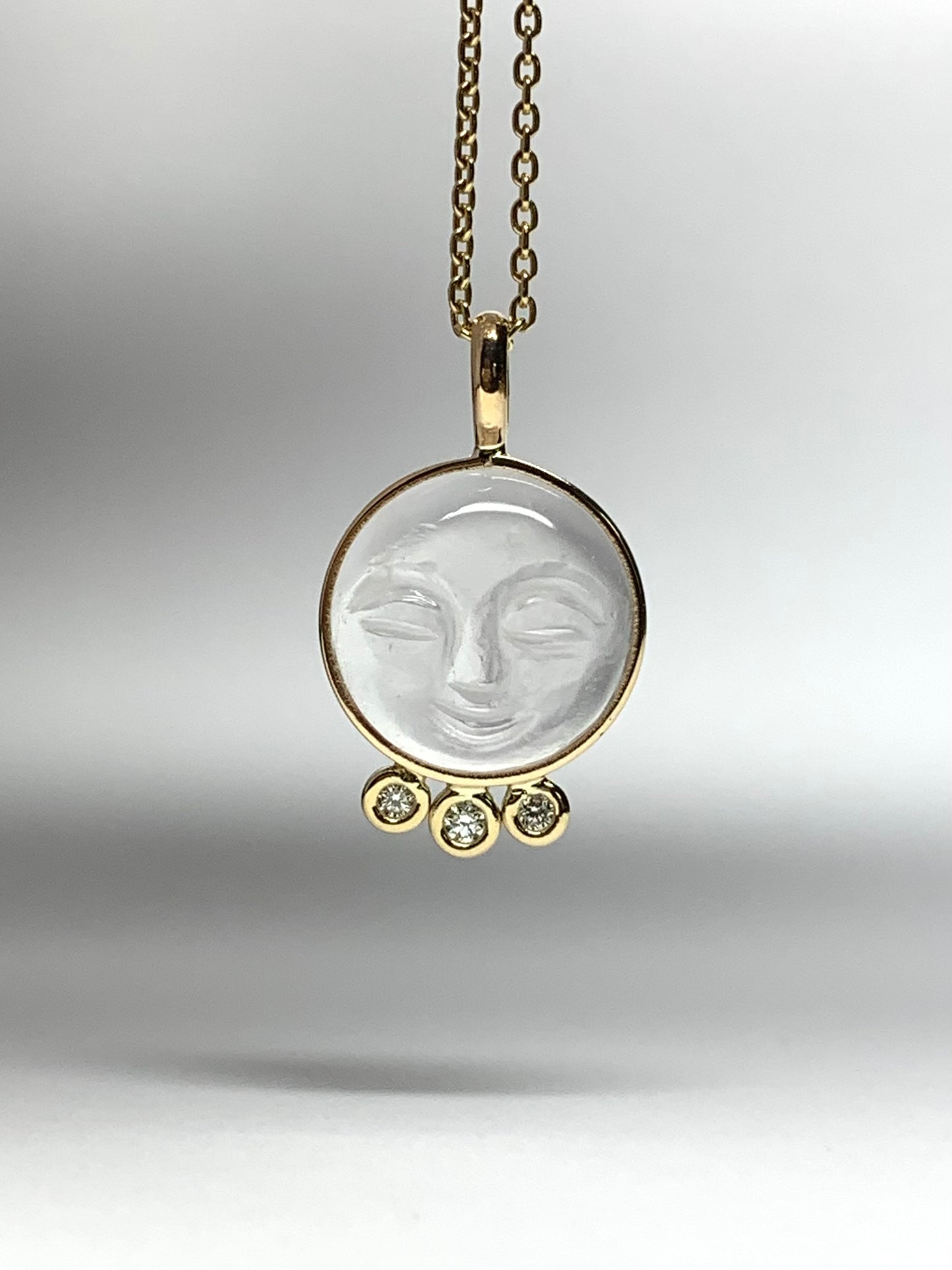 14k Solid Yellow Gold, Clear Quartz, White Diamonds “Moon and Stars” Pendant, Carved Face, Small Size