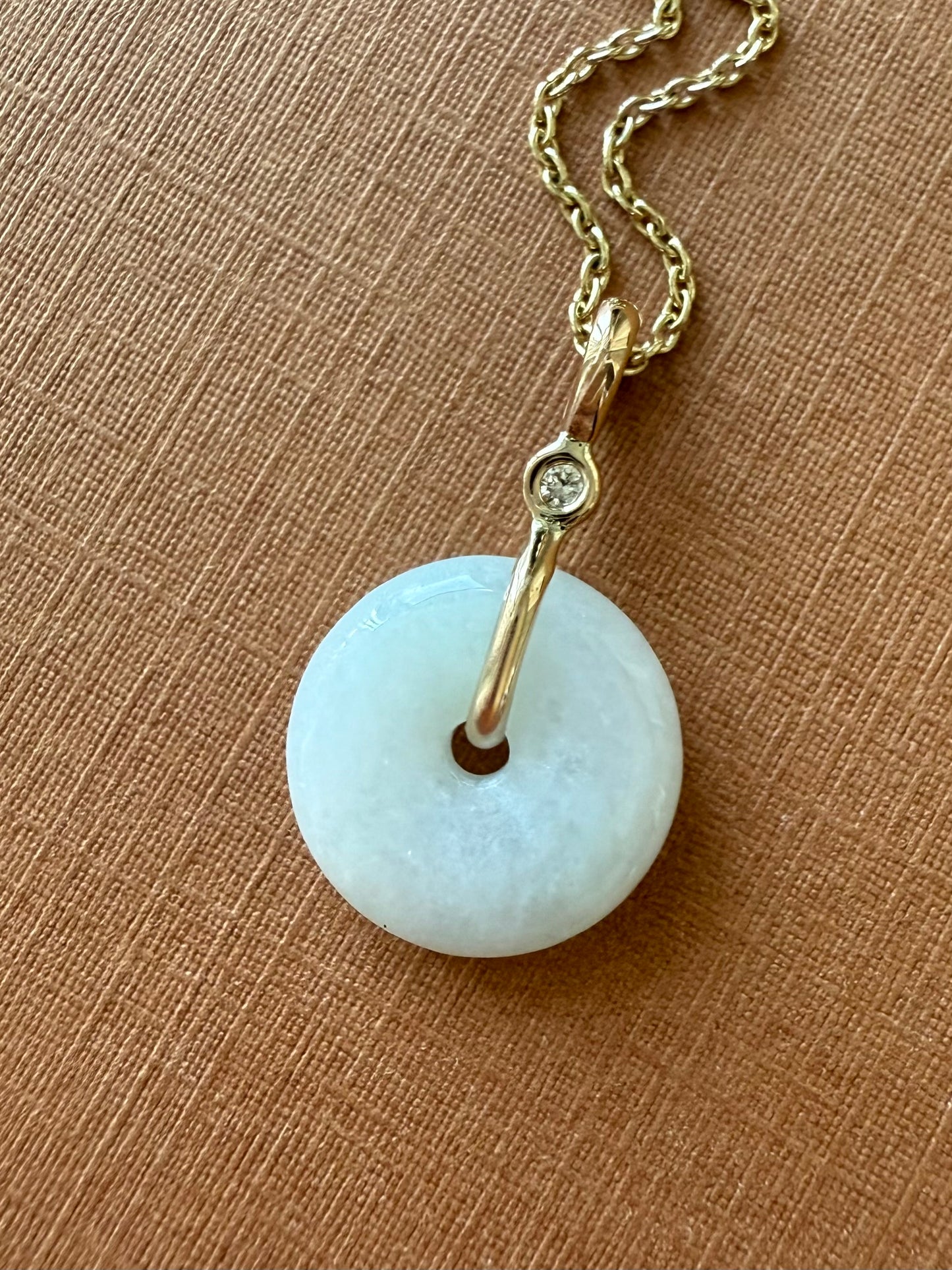 14k Solid Yellow Gold, White Jade, Diamond Pendant, Small Size