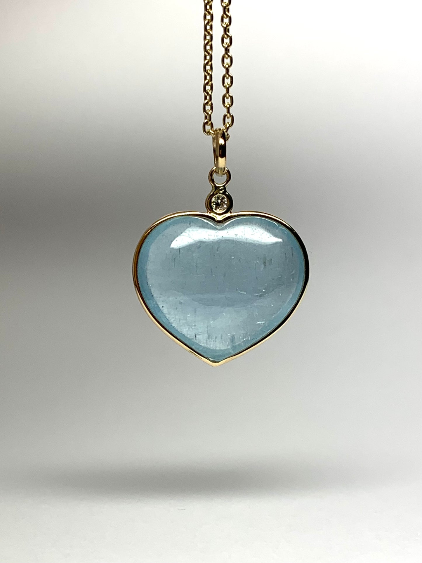 14k Solid Yellow Gold, Diamond, Pale Blue Aquamarine “Heart” Pendant