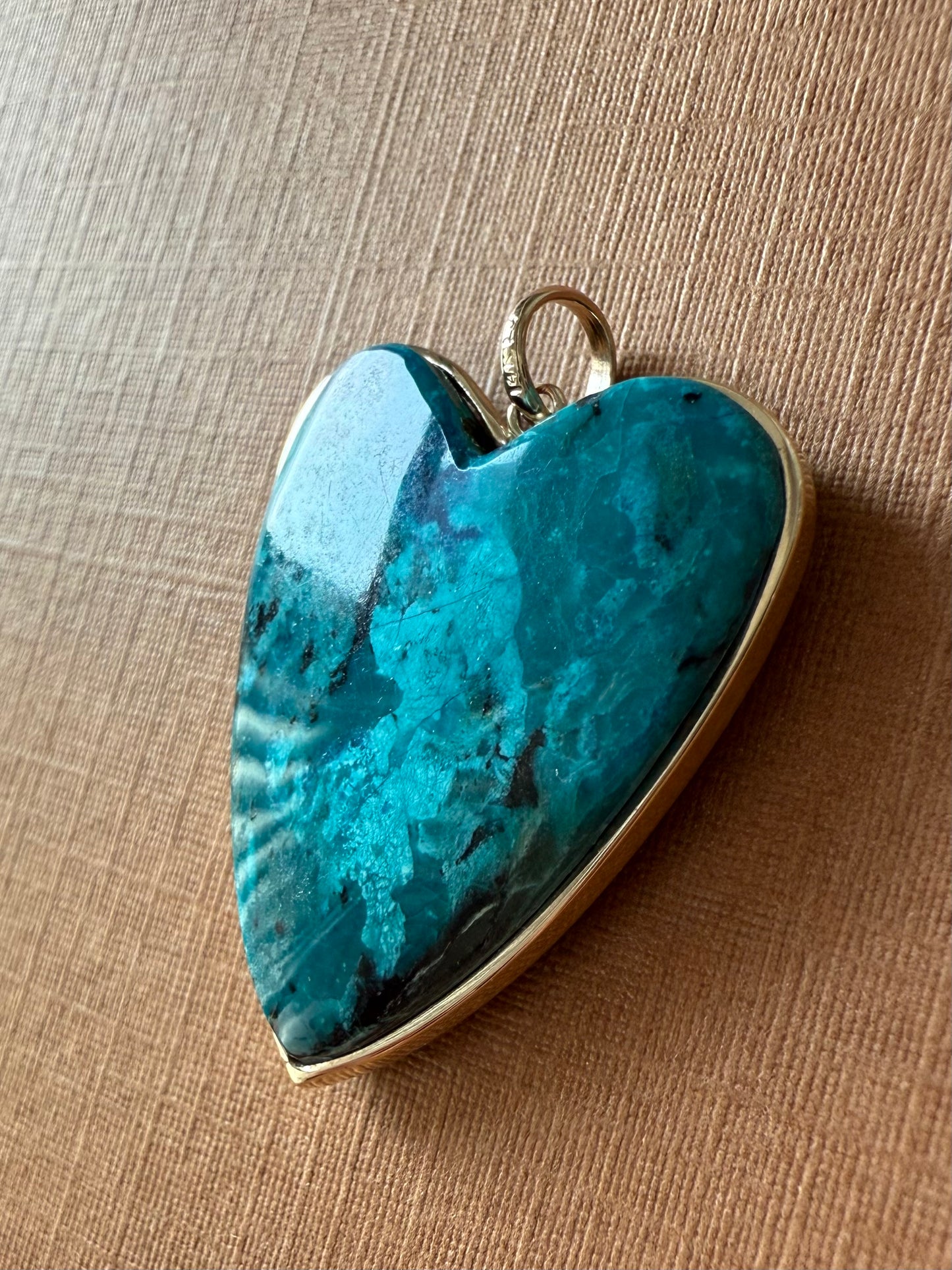 14k Solid Yellow Gold, Blue Chrysocolla “Heart” Pendant