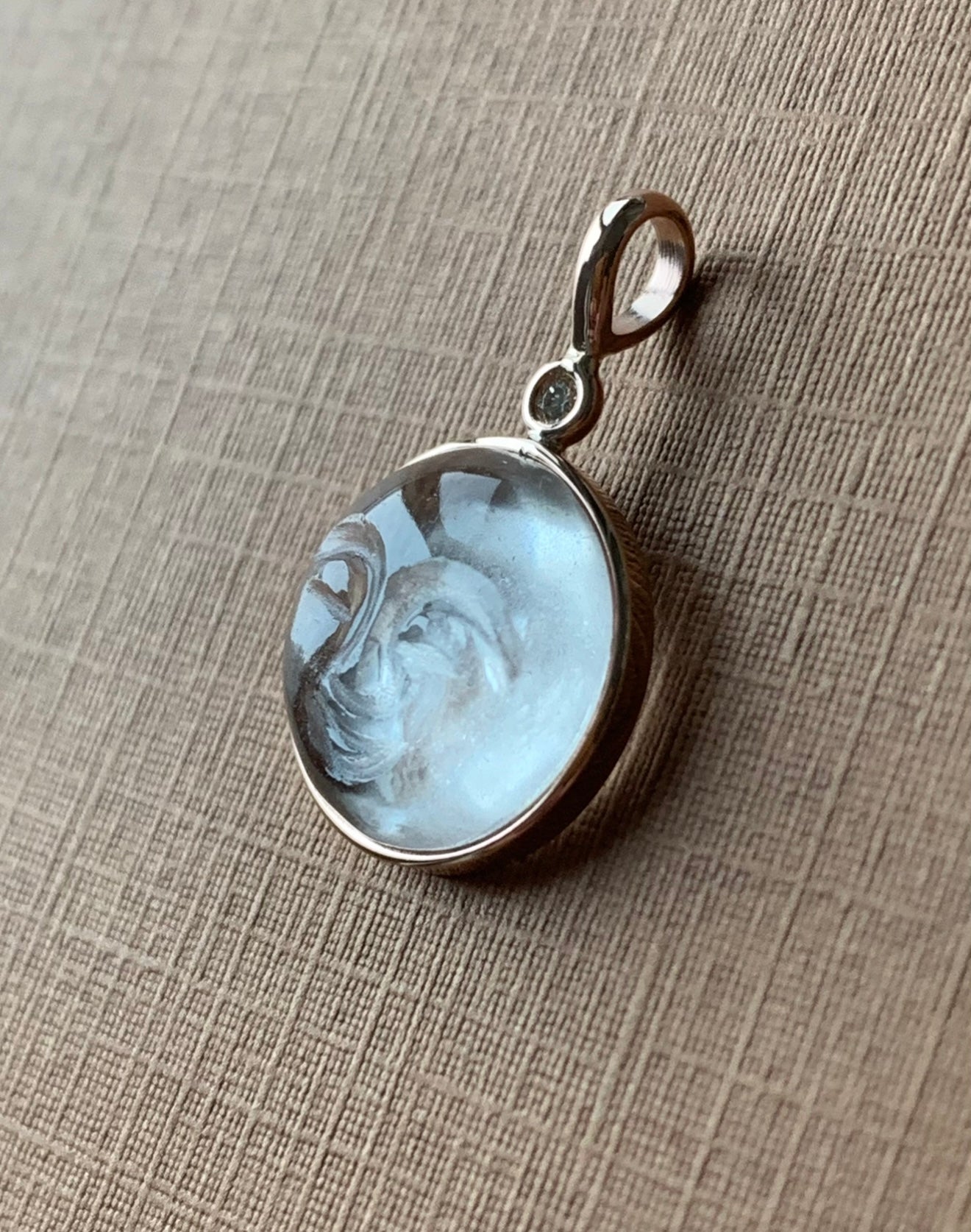 14k Solid Rose Gold, Clear Quartz, White Diamond “Moon and Star” Pendant, Carved Face, Small Size