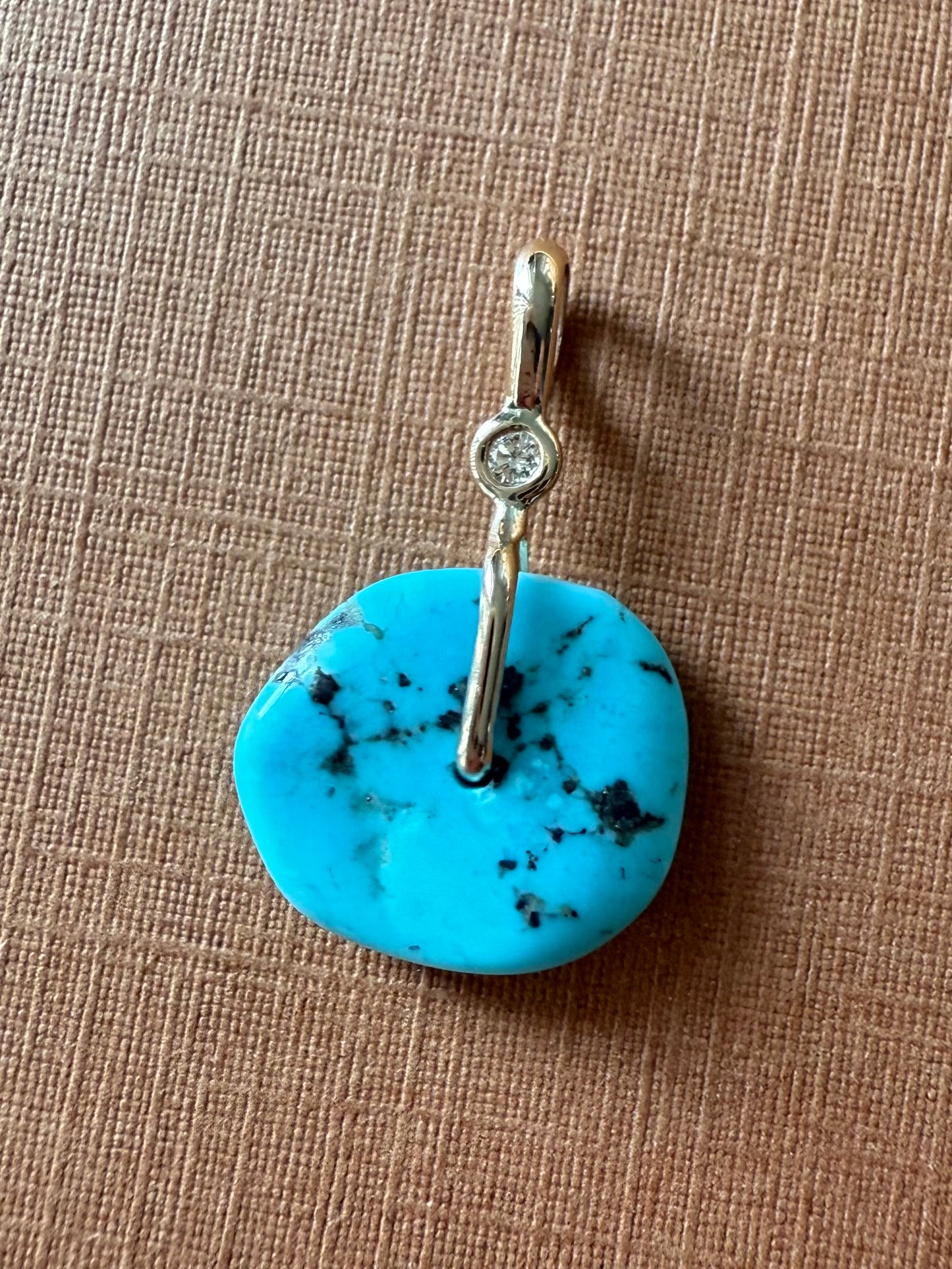 14K Solid Yellow Gold, White Diamond, Blue Turquoise “Donut” Mini Pendant