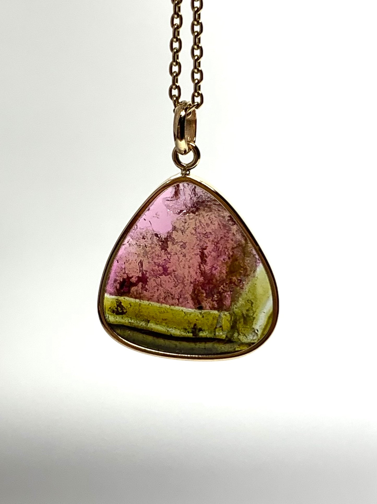 14k Solid Yellow Gold, Natural Pink Green Tourmaline Pendant