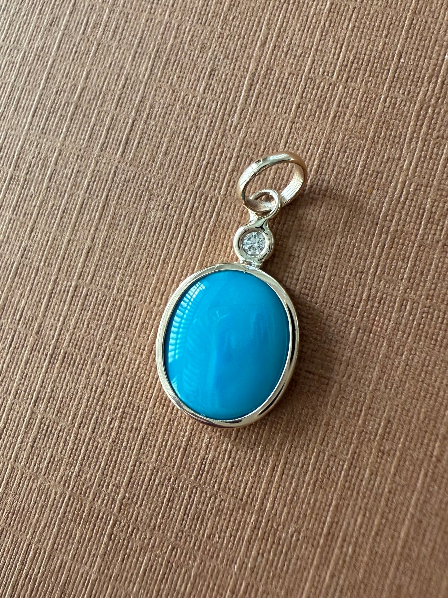 14k Solid Yellow Gold, Diamond, Blue Sleeping Beauty Turquoise Pendant, Mini Size