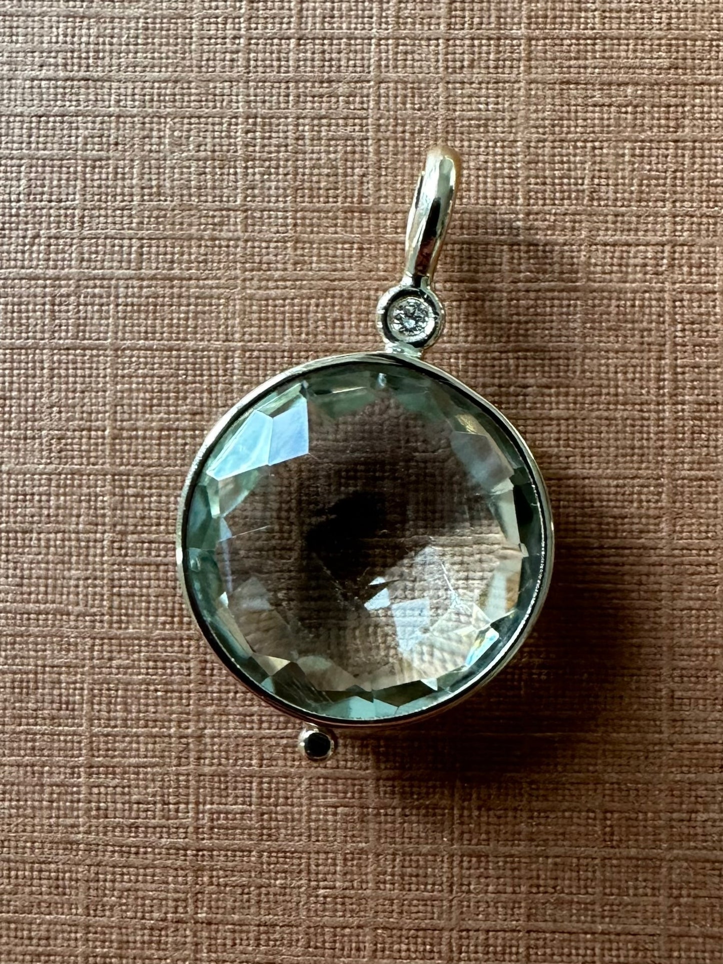 14K Solid Yellow Gold, Diamond, Round Green Amethyst Drop Pendant
