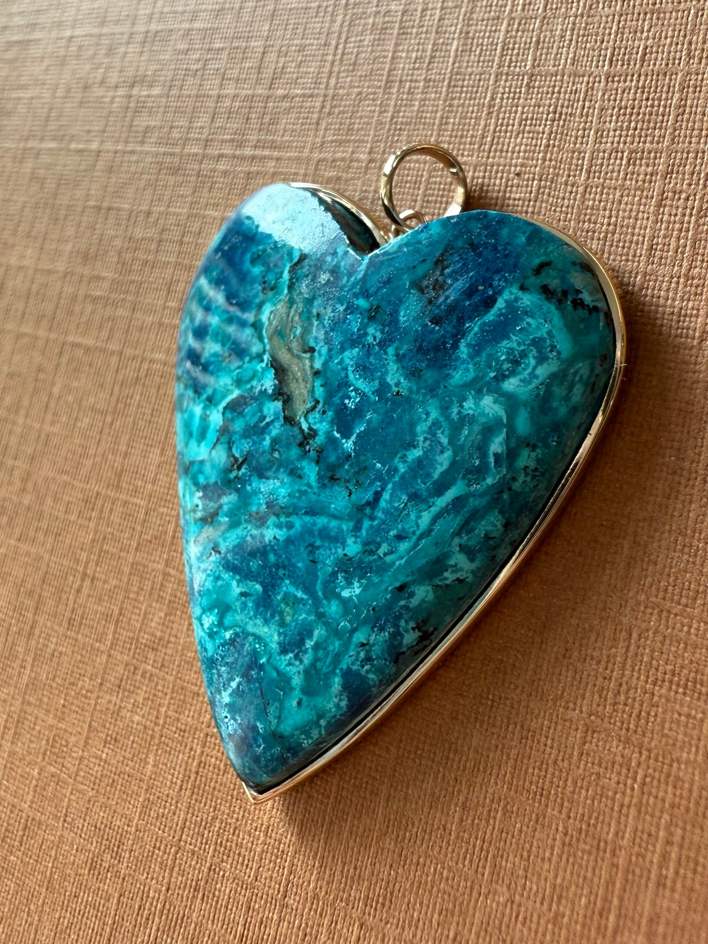 14k Solid Yellow Gold, Blue Chrysocolla “Heart” Pendant