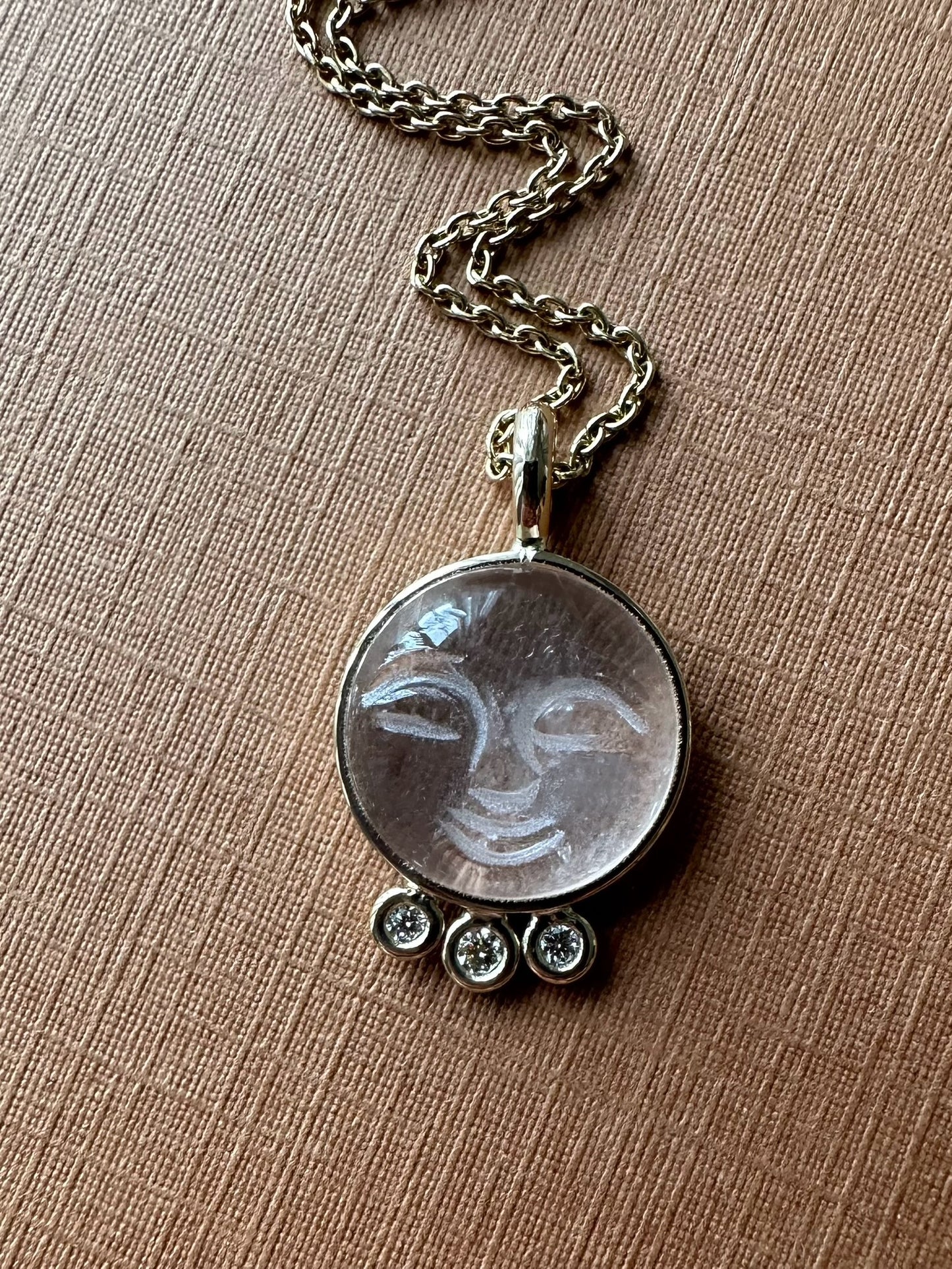 14k Solid Yellow Gold, Clear Quartz, White Diamonds “Moon and Stars” Pendant, Carved Face, Small Size