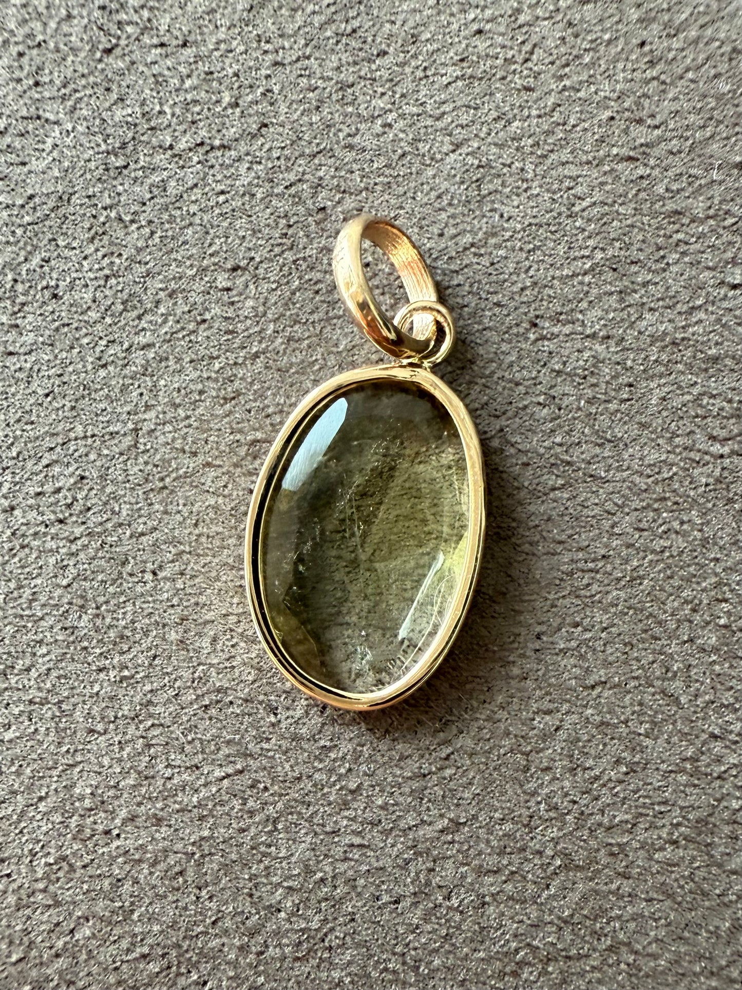 14k Solid Yellow Gold, Natural Light Khaki Green Tourmaline Mini Pendant