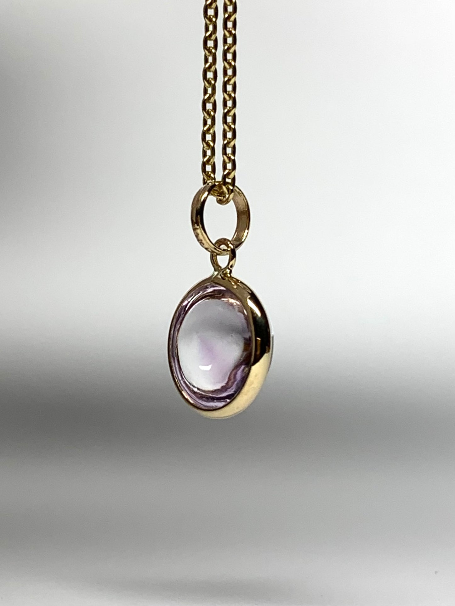 14k Solid Yellow Gold, Pink Amethyst Round Cabochon Mini Pendant