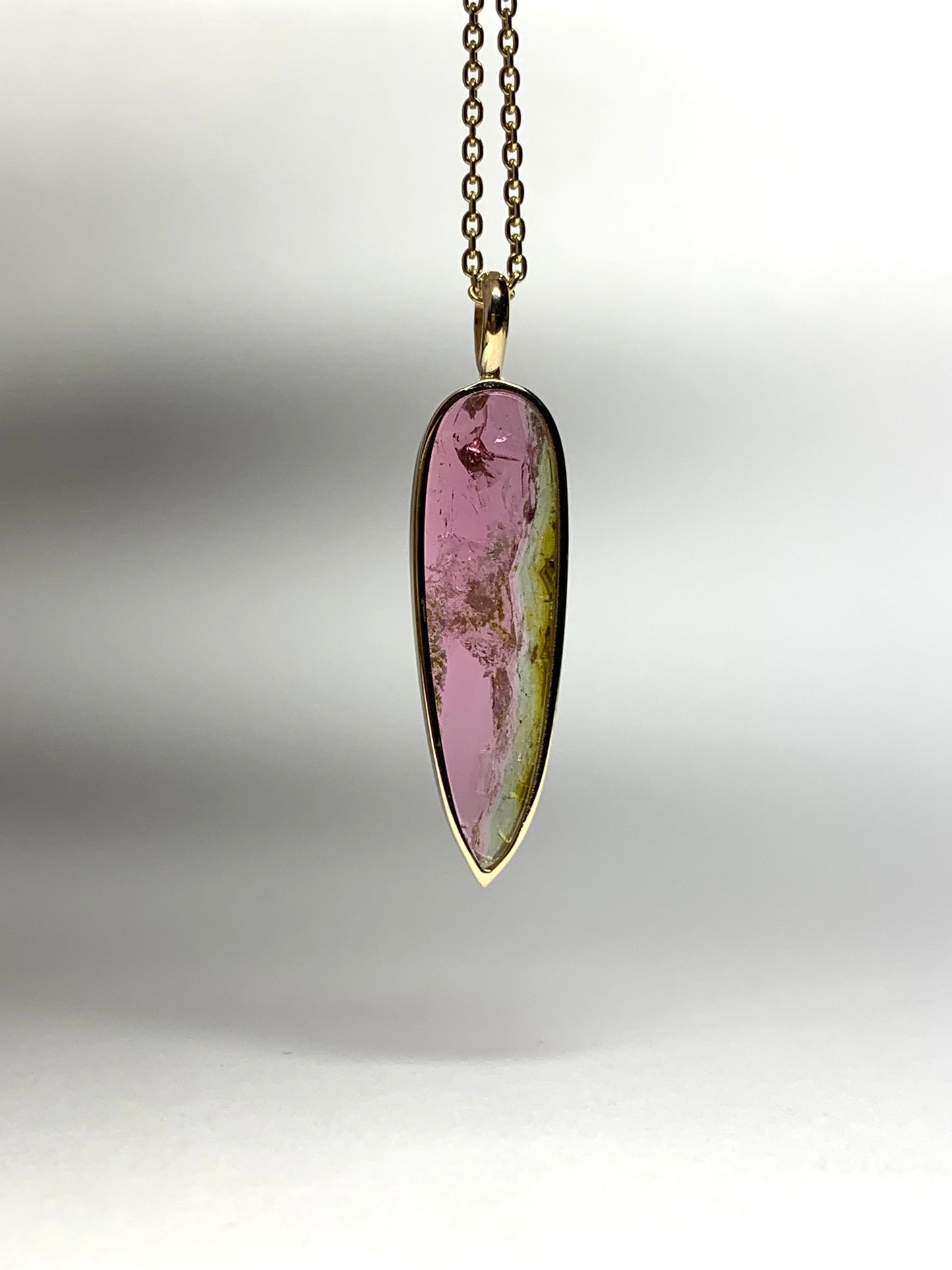 14k Solid Yellow Gold, Natural Bicolor Green Pink Tourmaline “Arrowhead” Pendant