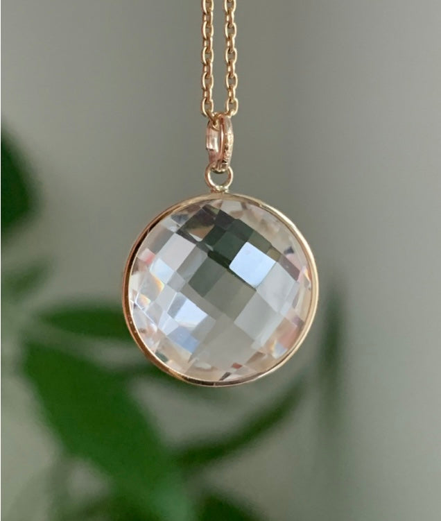 14K Solid Yellow Gold, Round Clear Quartz Drop Pendant