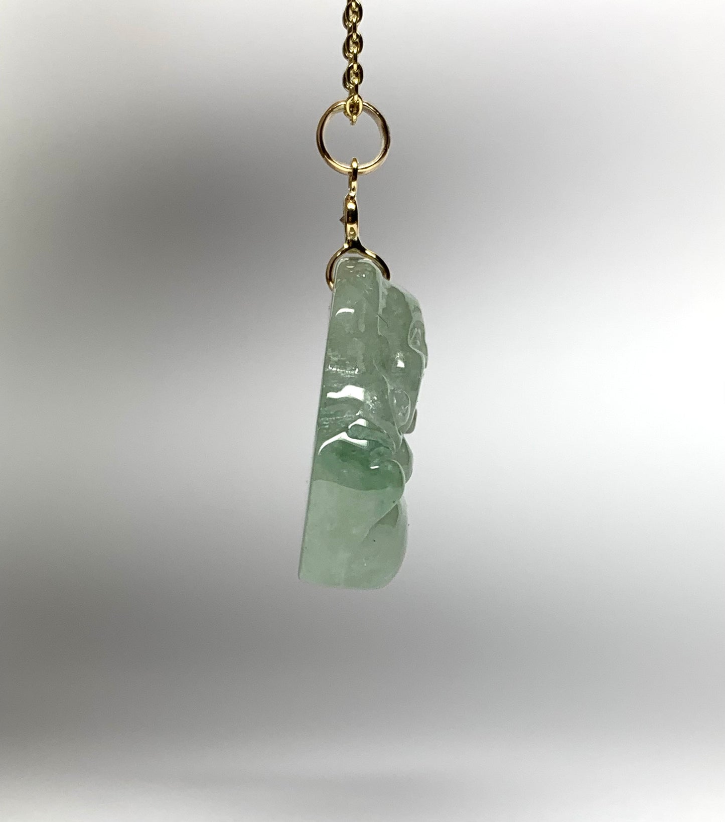 14K Solid Yellow Gold, Diamond, Pale Green Jade “Buddha” Pendant