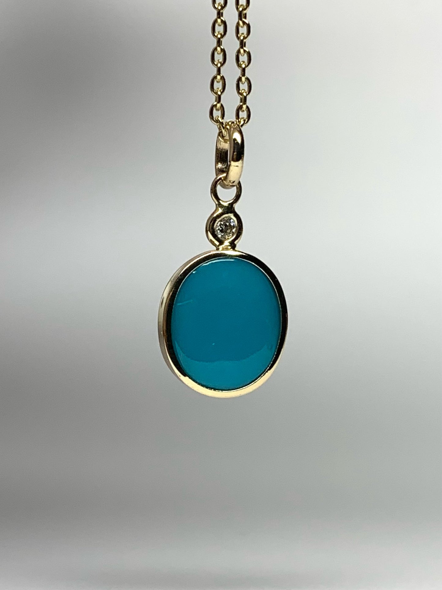 14k Solid Yellow Gold, Diamond, Blue Sleeping Beauty Turquoise Pendant, Mini Size