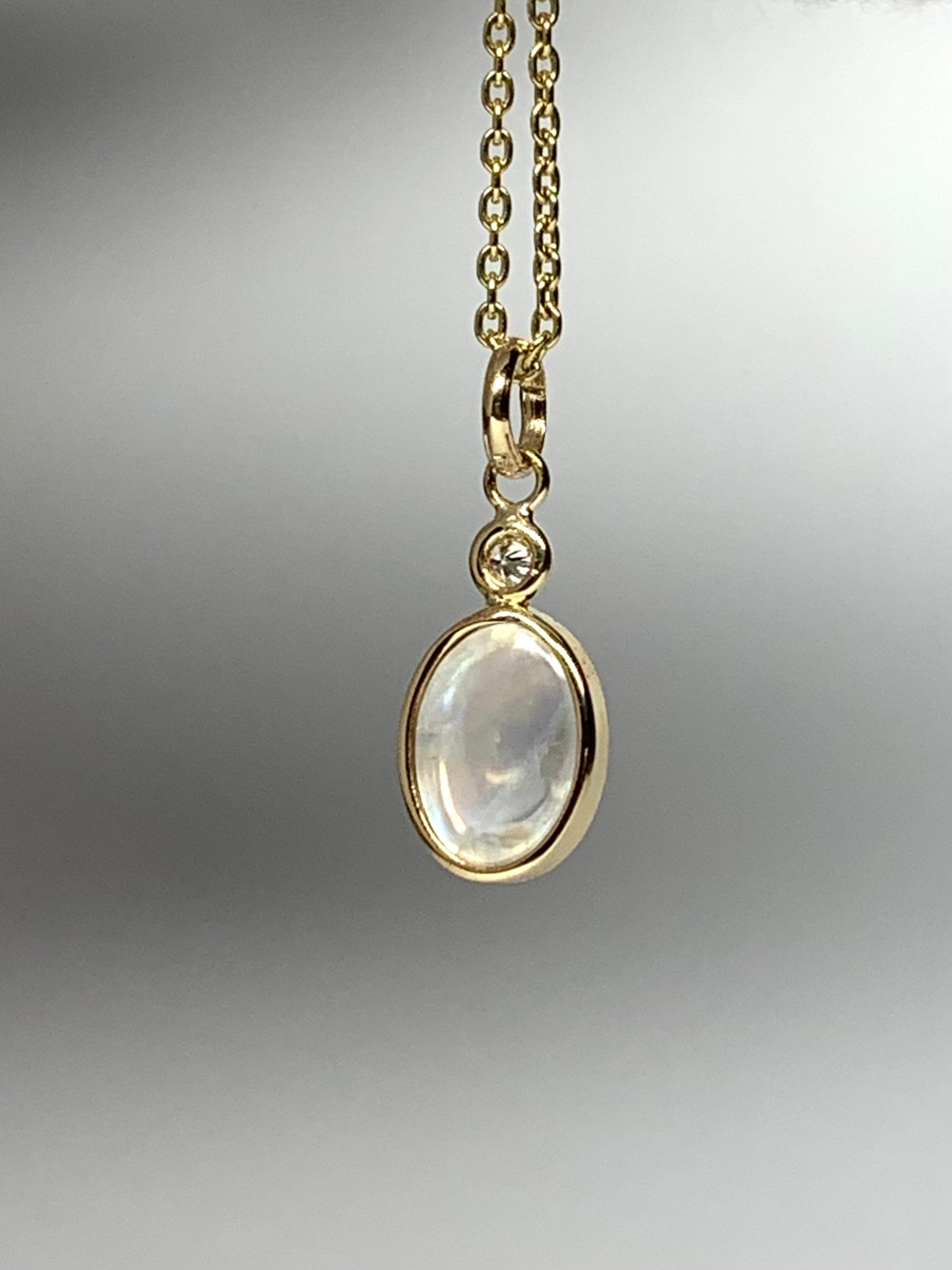 Tiny 14k Solid Yellow Gold, Diamond, Oval Blue Rainbow Moonstone Mini Pendant