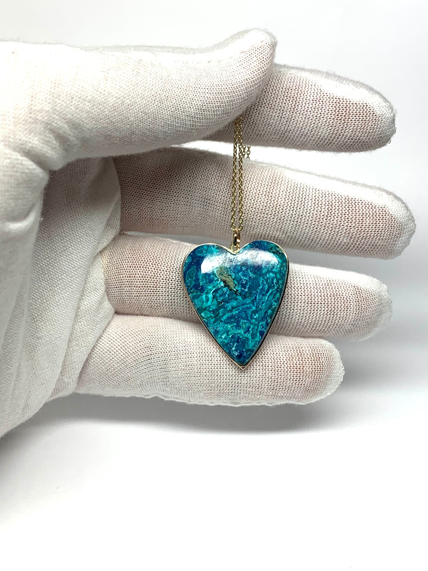 14k Solid Yellow Gold, Blue Chrysocolla “Heart” Pendant