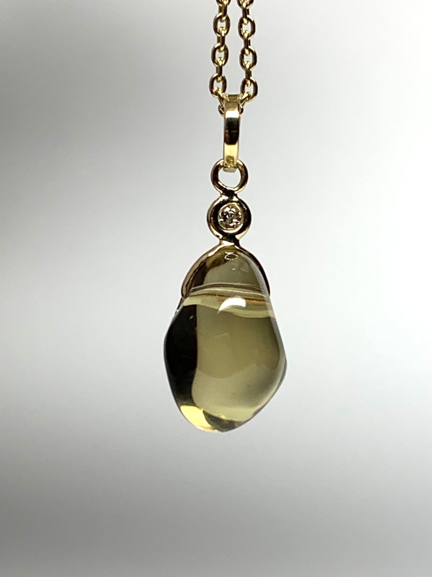 14k Solid Yellow Gold, Diamond, Lemon Quartz Tumbled Nugget Bead Pendant, Mini Size
