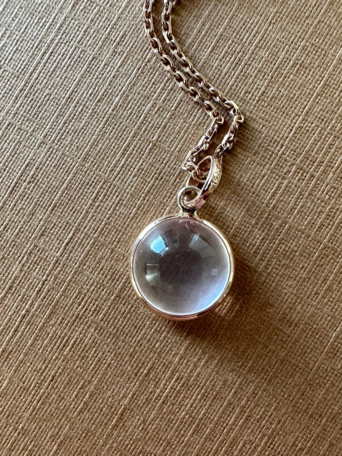 14k Solid Rose Gold, Pink Quartz Round Cabochon Mini Pendant