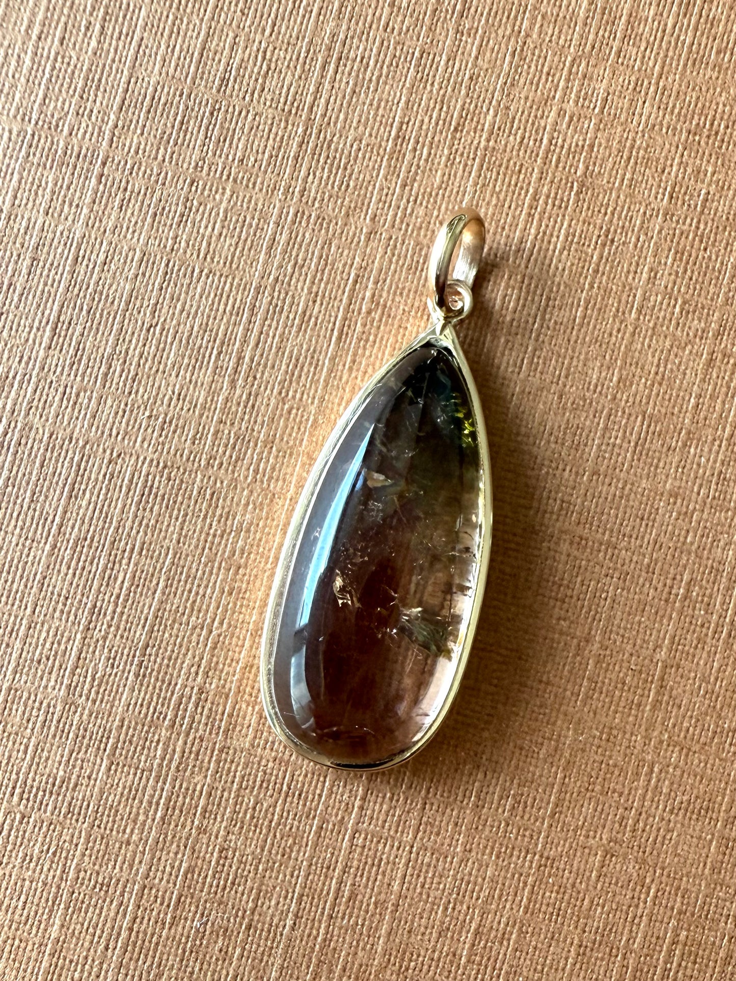14k Solid Yellow Gold, Natural Bicolor Green Pink Tourmaline Drop Pendant