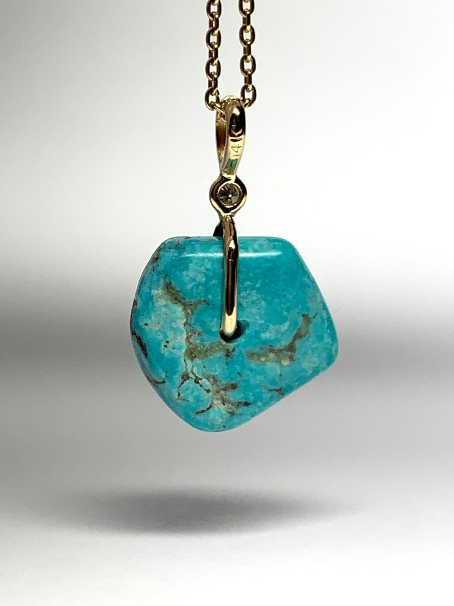 14K Solid Yellow Gold, White Diamond, Blue Turquoise “Donut” Mini Pendant