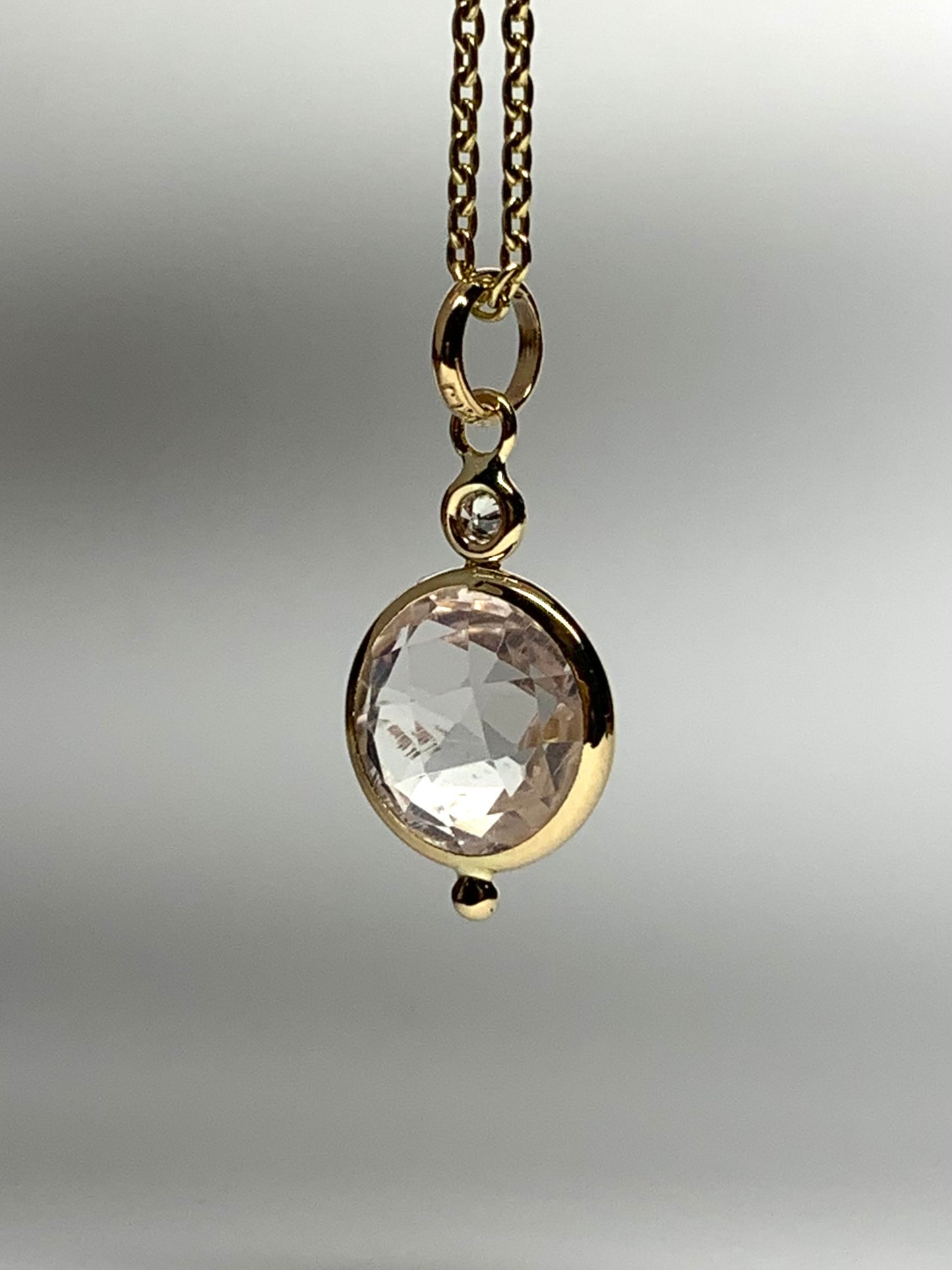 14K Solid Yellow Gold, Diamond, Rose Pink Quartz Mini Pendant