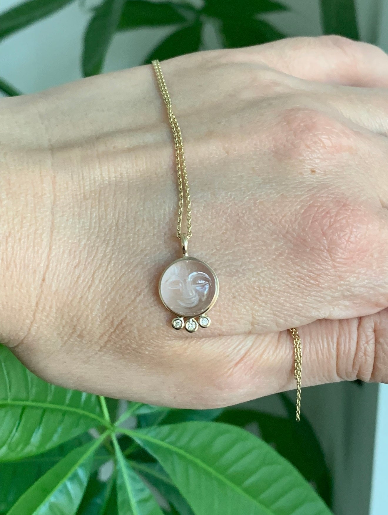 14k Solid Yellow Gold, Clear Quartz, White Diamonds “Moon and Stars” Pendant, Carved Face, Small Size
