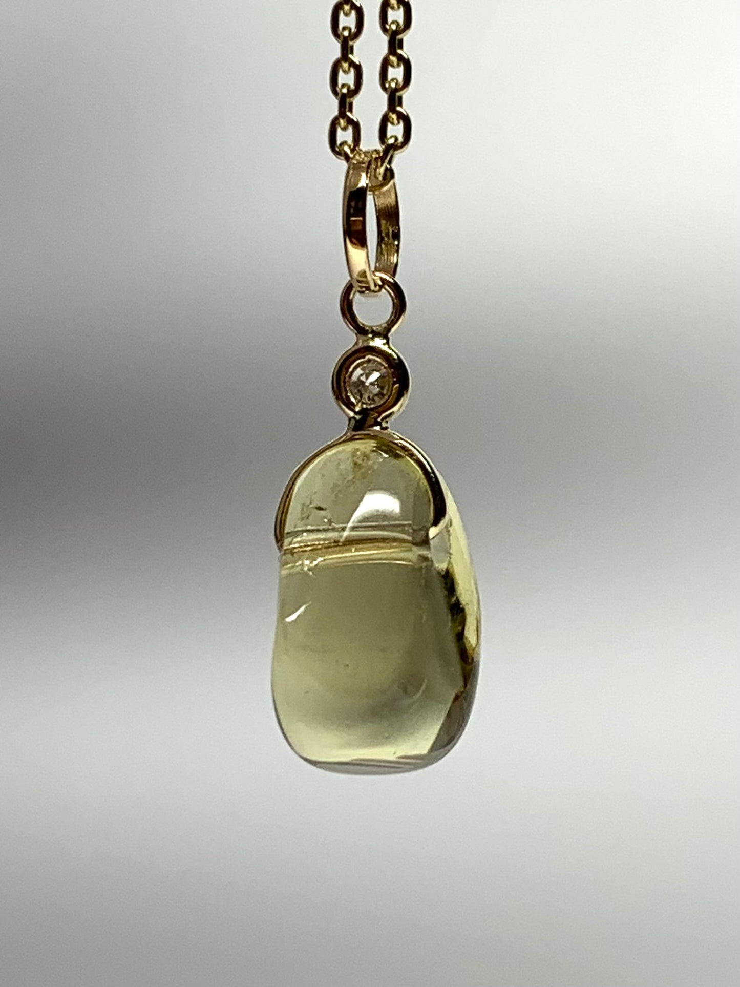 14k Solid Yellow Gold, Diamond, Lemon Quartz Tumbled Nugget Bead Pendant, Mini Size