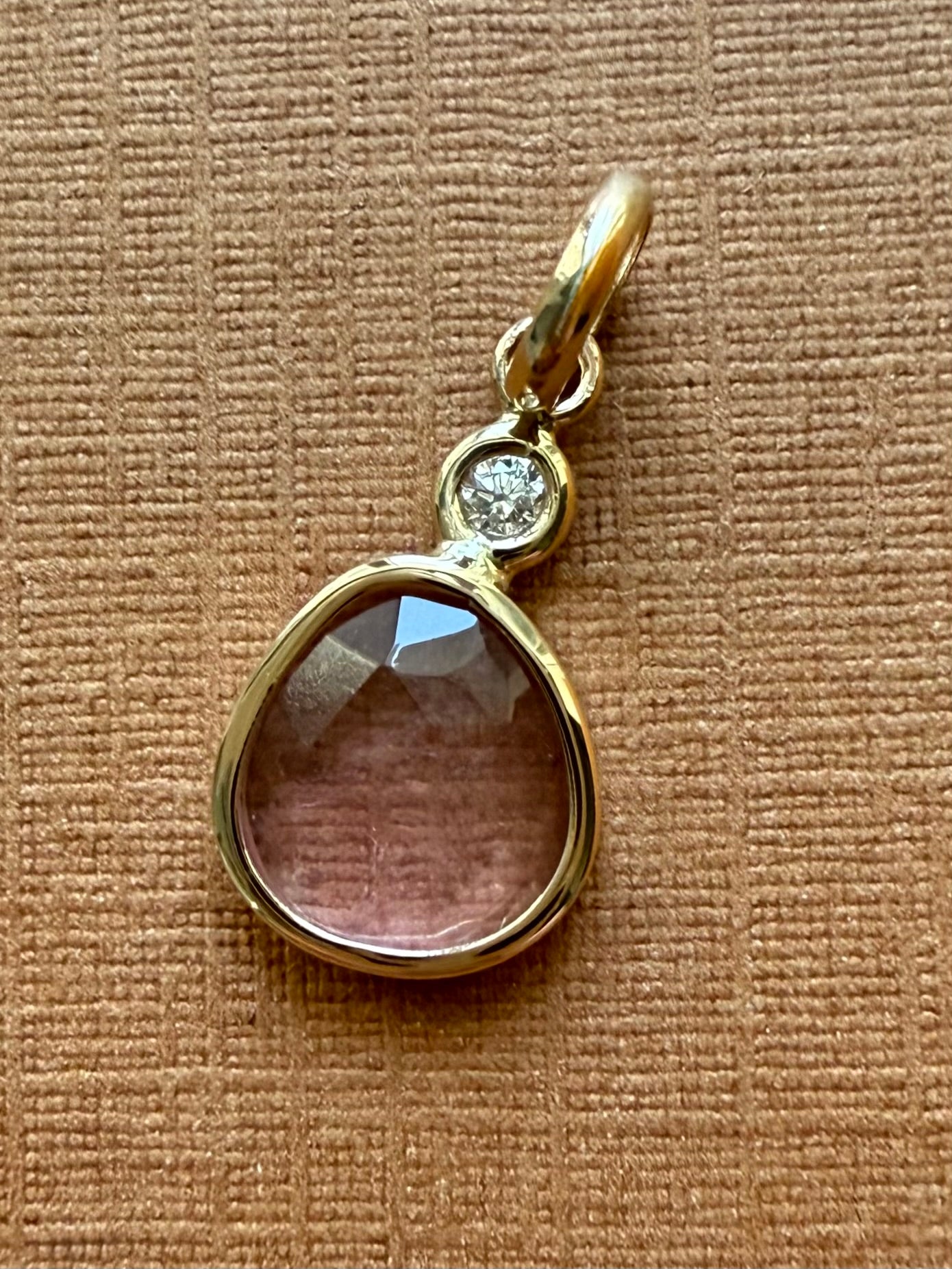14k Solid Yellow Gold, Natural White Diamond, Natural Pink Tourmaline Tiny Pendant