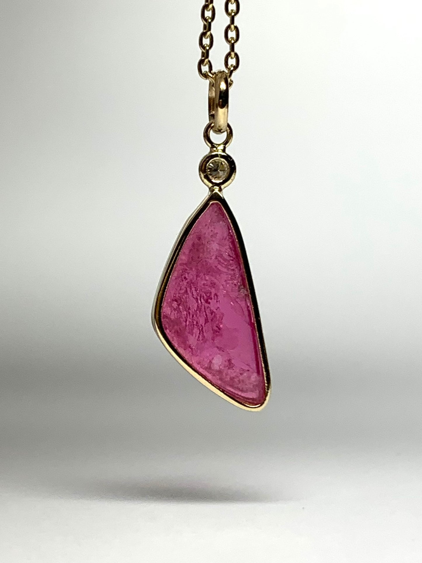 14k Solid Yellow Gold, Natural White Diamond, Natural Pink Tourmaline Mini Pendant