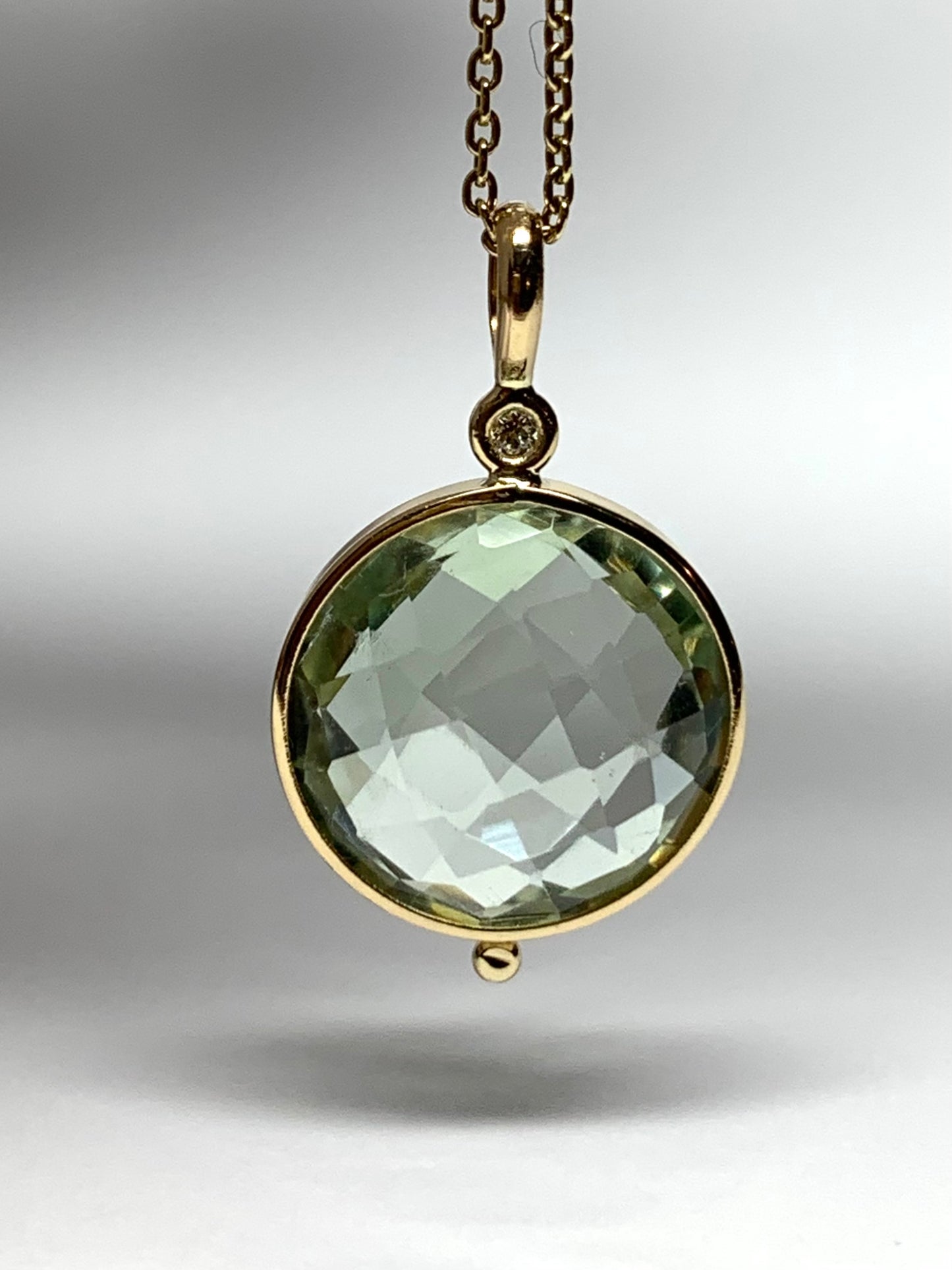 14K Solid Yellow Gold, Diamond, Round Green Amethyst Drop Pendant