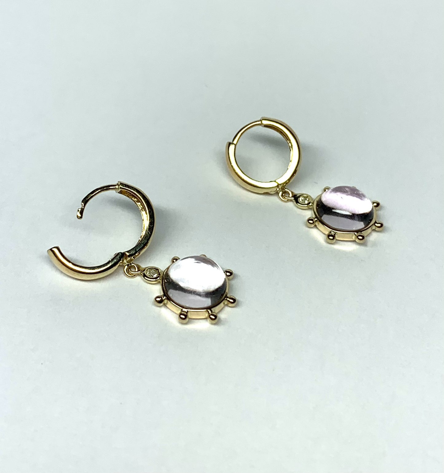 14k Solid Yellow Gold, Diamonds, Pale Pink Amethyst “Sun” Mini Earrings