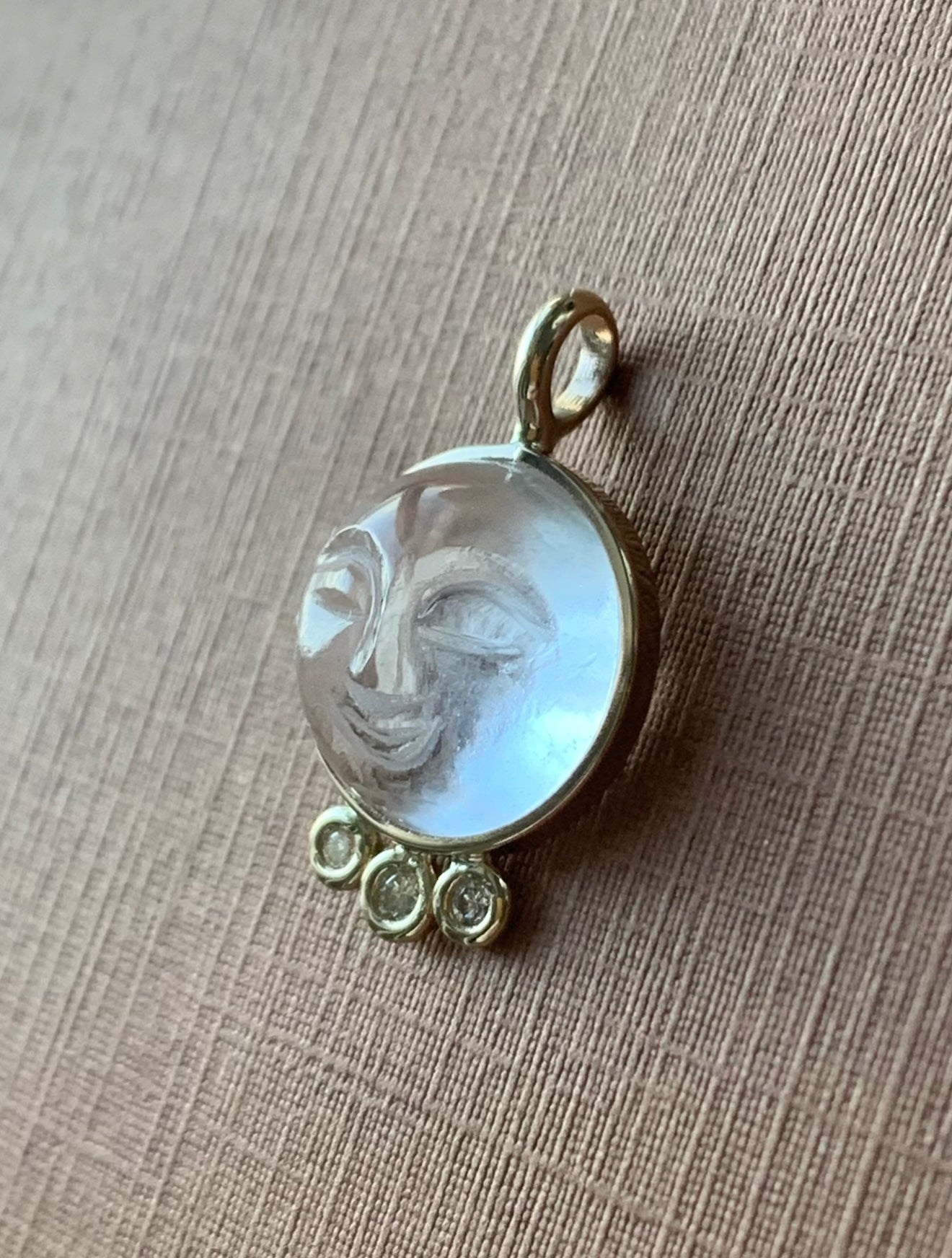 14k Solid Yellow Gold, Clear Quartz, White Diamonds “Moon and Stars” Pendant, Carved Face, Small Size