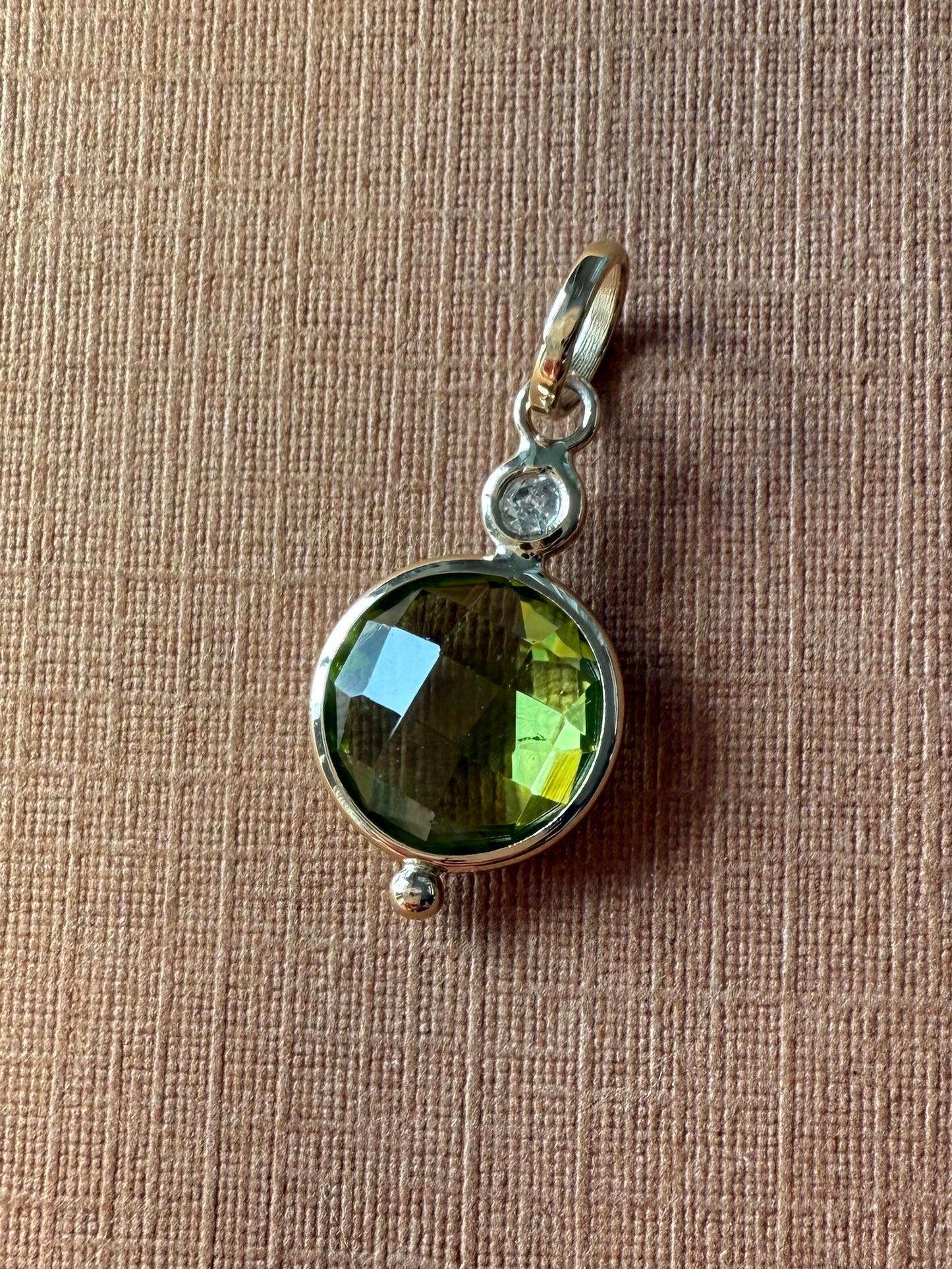 14k Solid Yellow Gold, Diamond, Green Peridot Mini Pendant