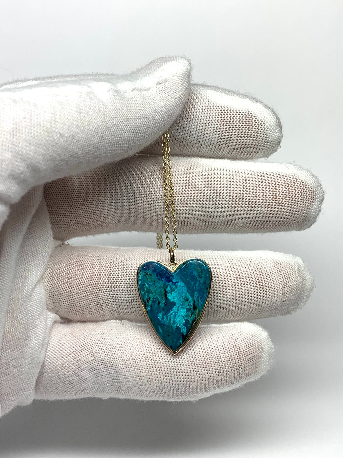 14k Solid Yellow Gold, Blue Chrysocolla “Heart” Pendant