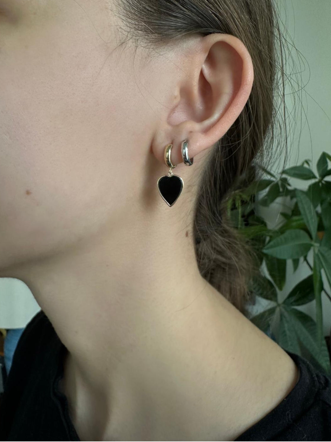 14k Solid Yellow Gold, Black Onyx Heart Earrings