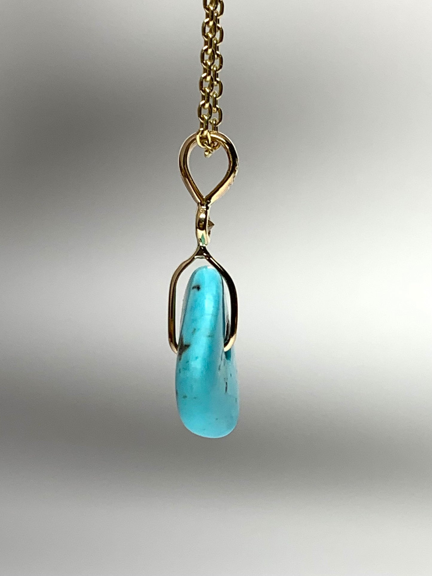 14K Solid Yellow Gold, White Diamond, Blue Turquoise “Donut” Mini Pendant