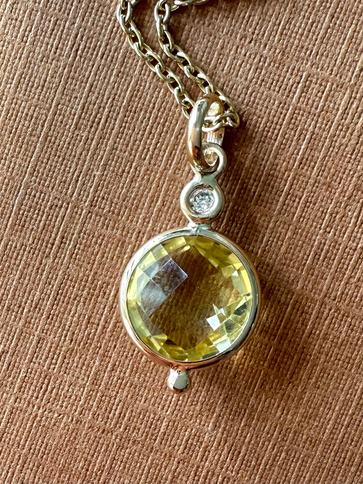14K Solid Yellow Gold, Diamond, Lemon Quartz Mini Pendant