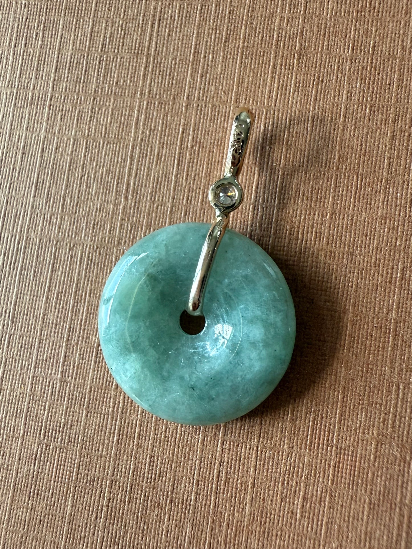 14k Solid Yellow Gold, Pale Green Jade “Donut”, White Diamond Pendant, Small Size
