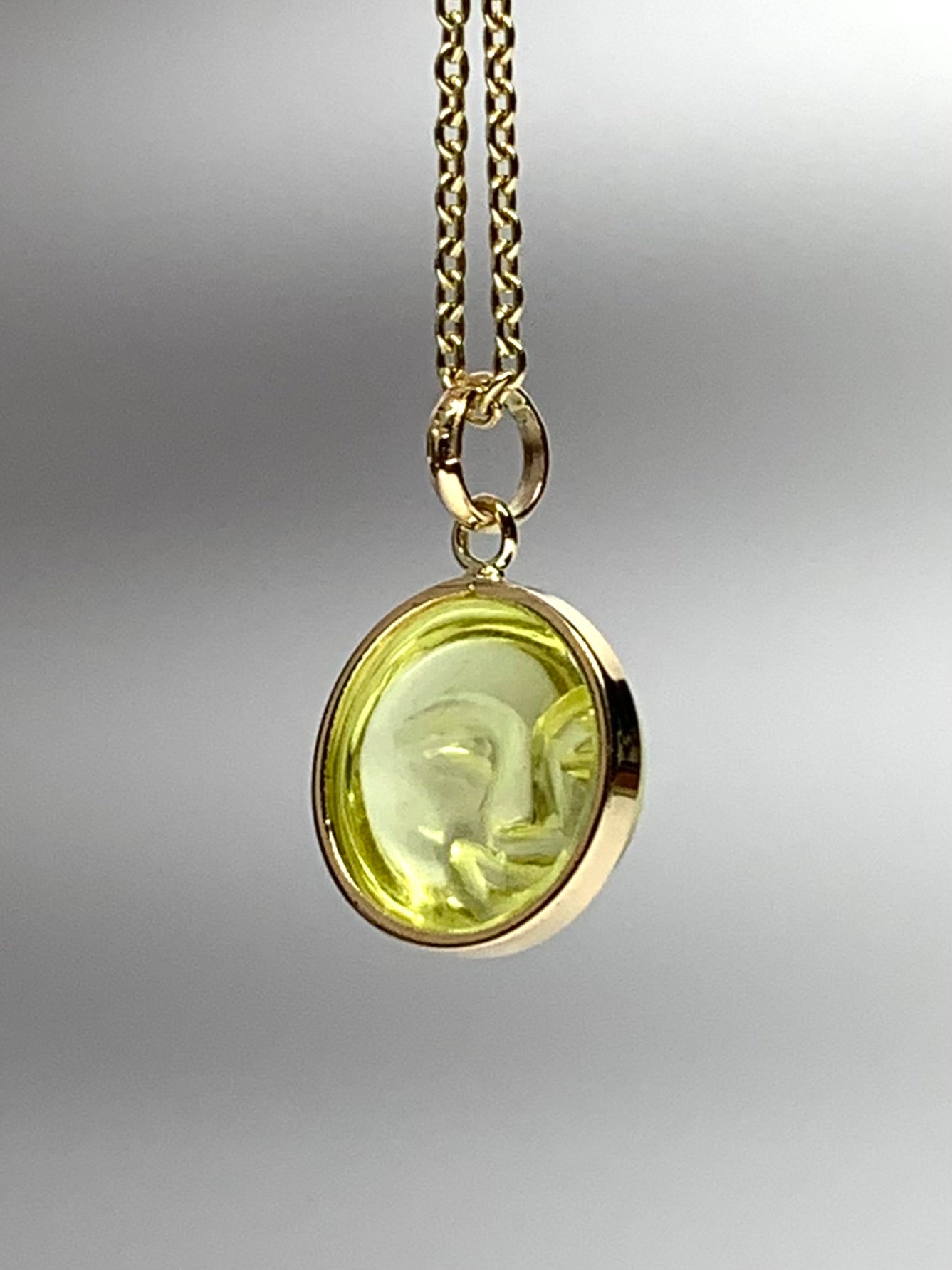“Mini Moon" Pendant, 14K Solid Yellow Gold, Lemon Olive Quartz, Tiny Size