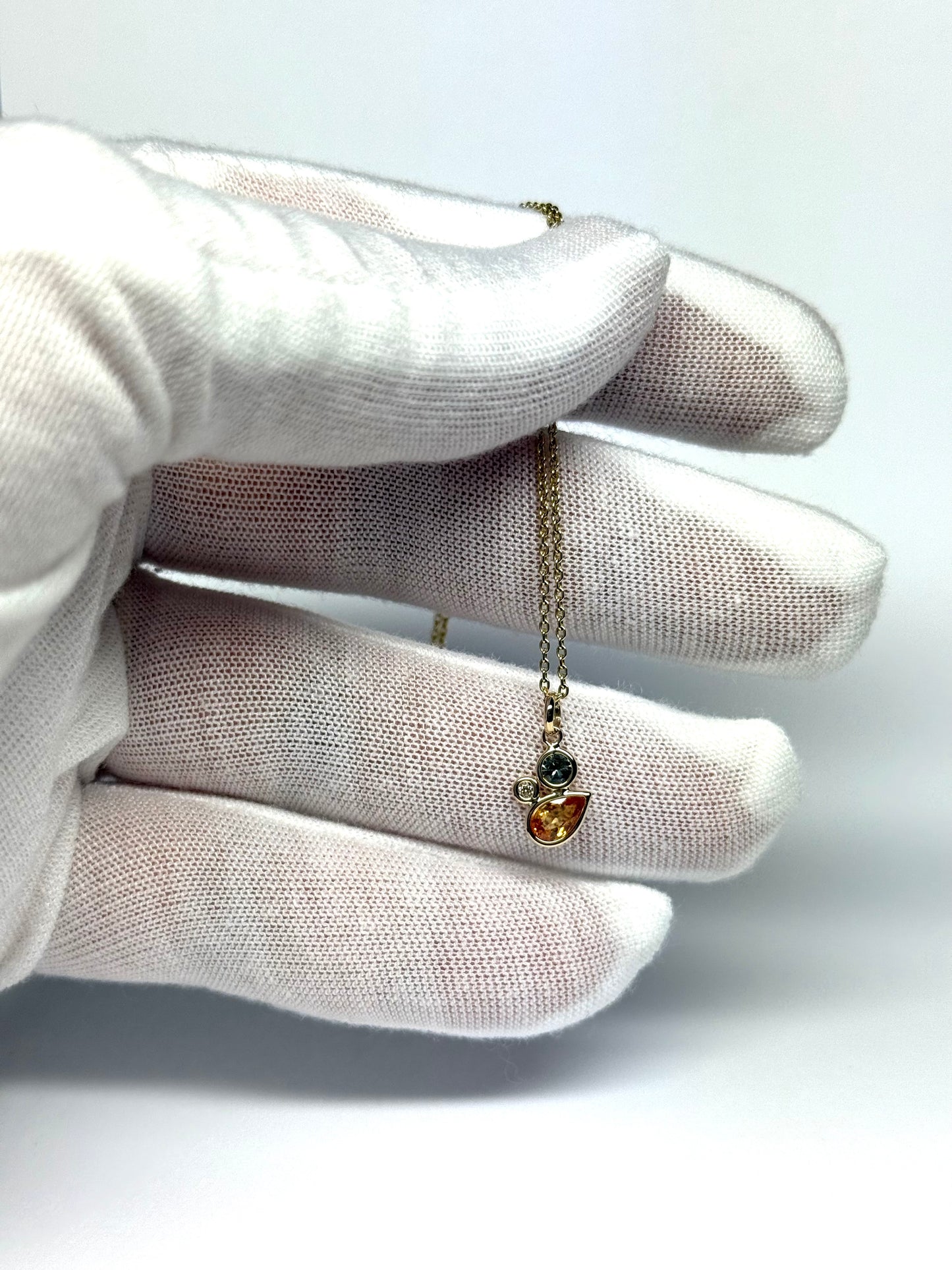 14K Solid Yellow Gold, Diamond, Multi Color Sapphires Cluster Pendant, Tiny Size