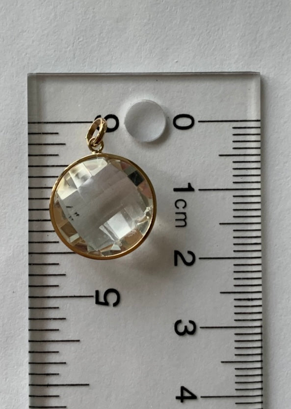 14K Solid Yellow Gold, Round Clear Quartz Drop Pendant