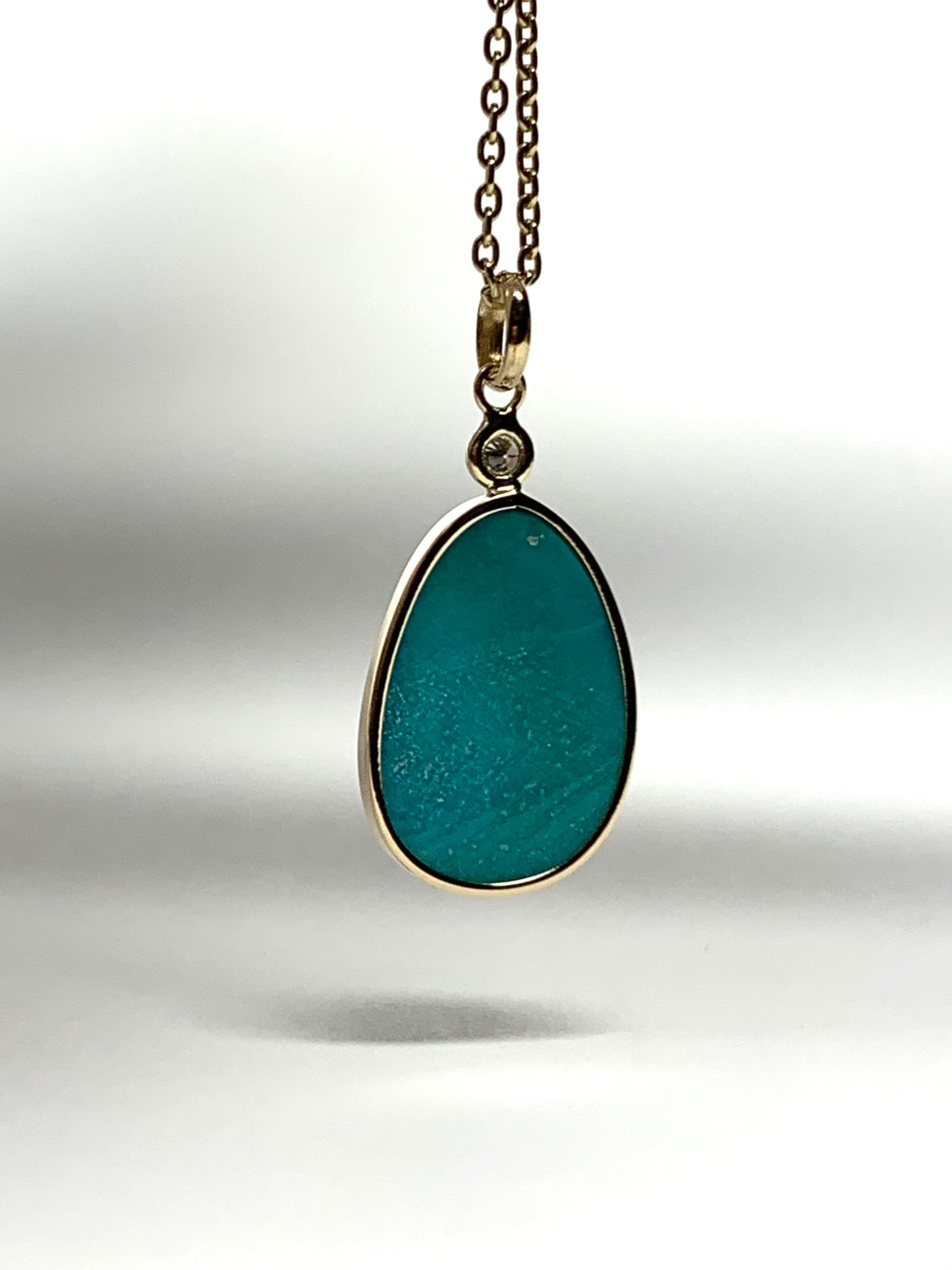 14k Solid Yellow Gold, Diamond, Blue Turquoise Pendant