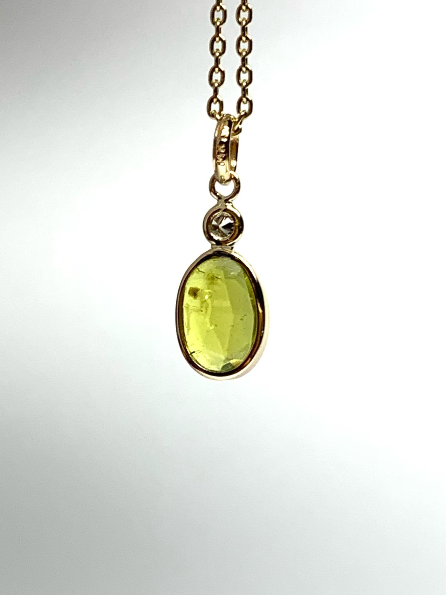 14k Solid Yellow Gold, Natural White Diamond, Natural Olive Green Tourmaline Tiny Pendant