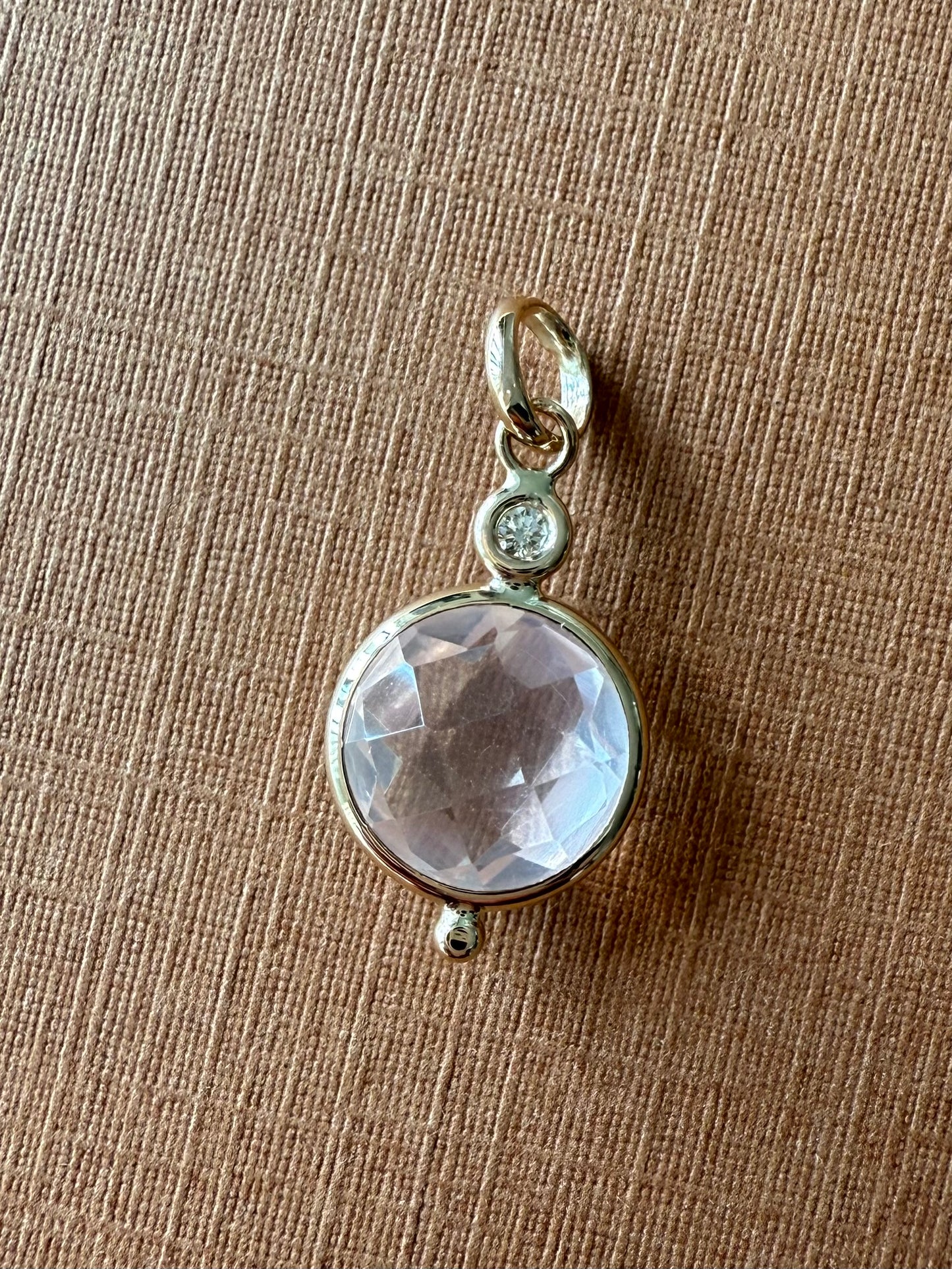 14K Solid Yellow Gold, Diamond, Rose Pink Quartz Mini Pendant